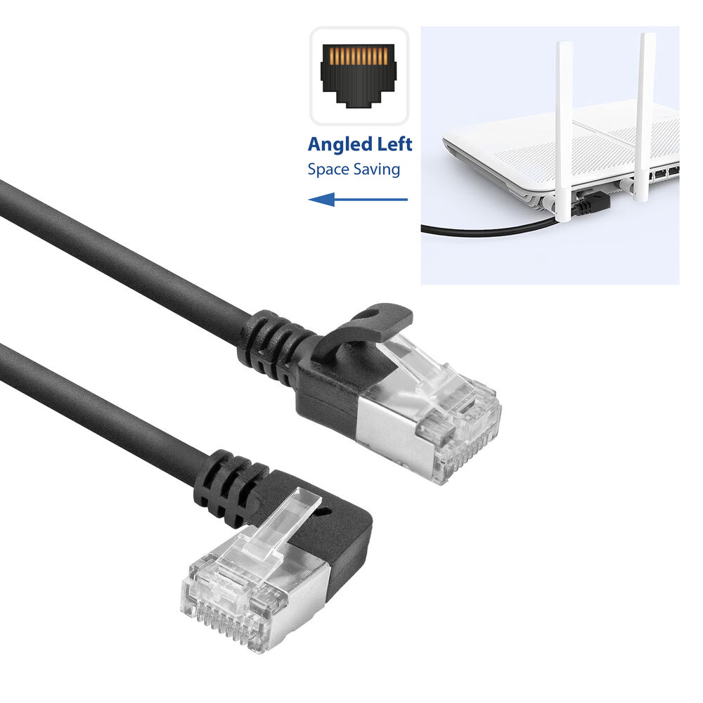 Schwarzes Ethernet-Kabel mit abgewinkelten Steckern. Ein Router mit Antennen und eine Grafik eines Ethernet-Anschlusses im Hintergrund.