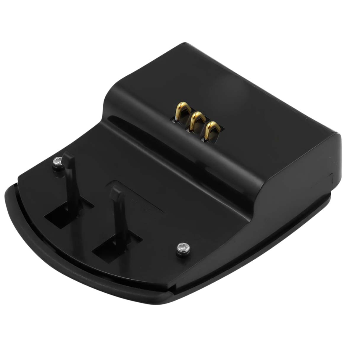 Eine schwarze Ladestation mit drei goldfarbenen Kontakten. Zwei schwarze Pfosten und zwei silberne Schrauben sind sichtbar.