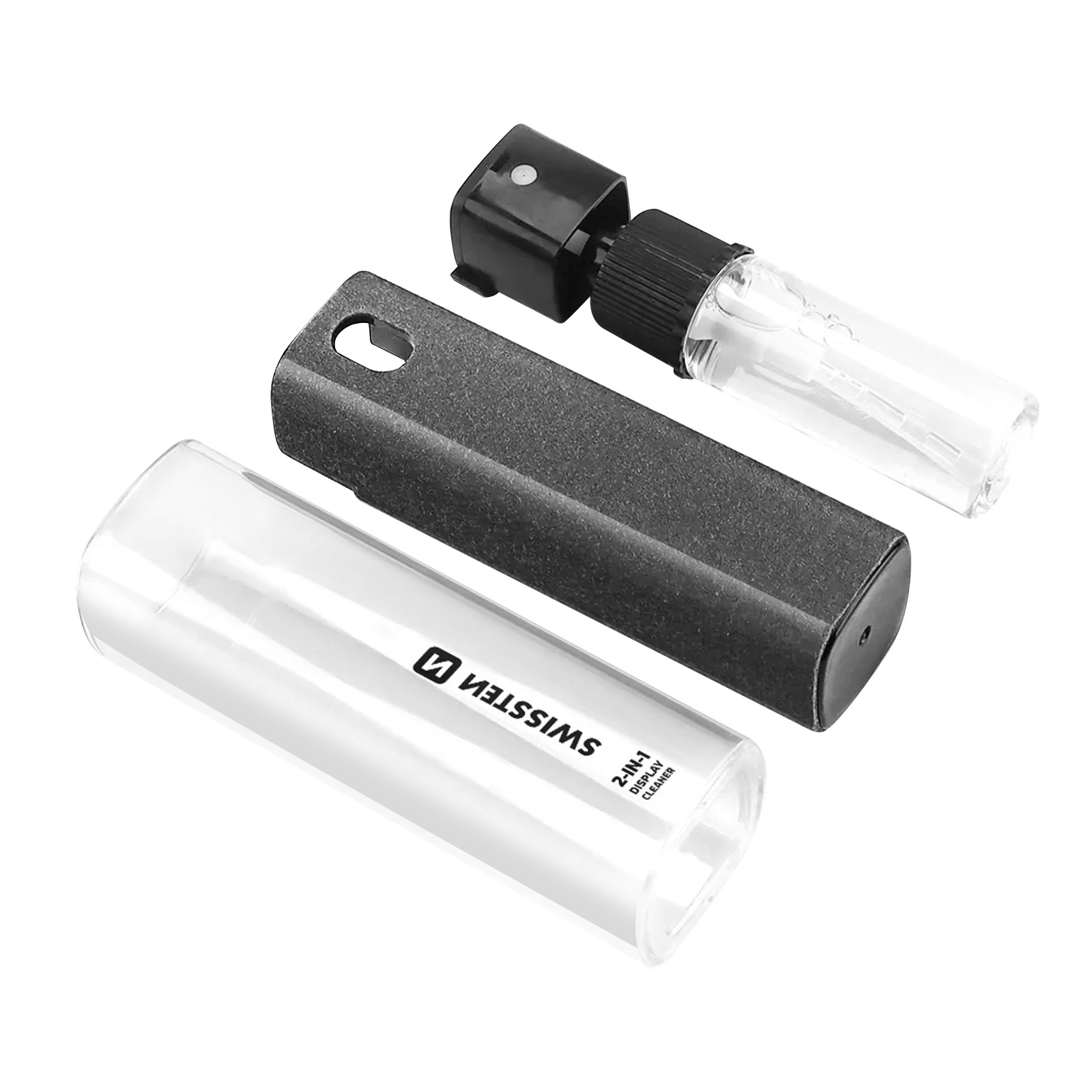 Un kit di pulizia display 2-in-1. Include un flacone spray, un tampone per la pulizia e una custodia di plastica trasparente.