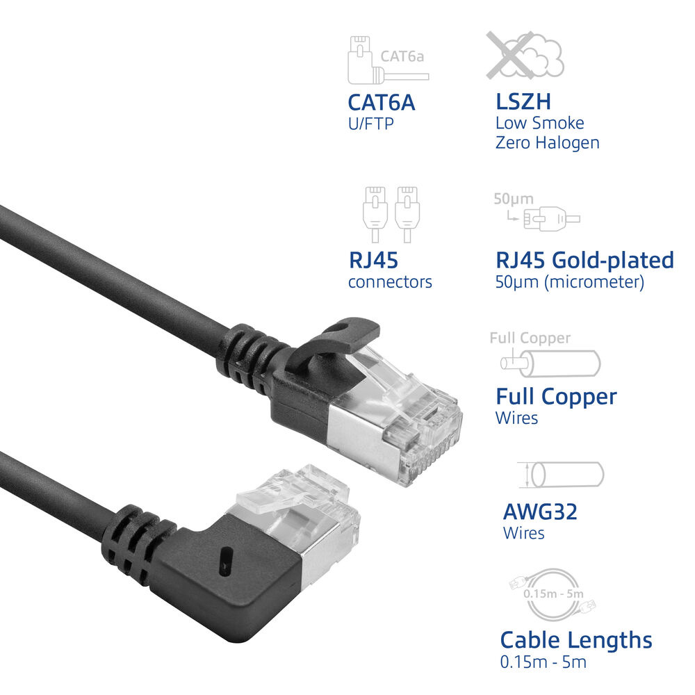 Ein abgewinkeltes schwarzes Netzwerkkabel mit RJ45-Anschlüssen, Illustrationen von Kabeleigenschaften und Text: CAT6A, LSZH, AWG32 und Kabellängen.