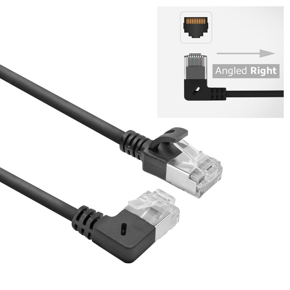 Schwarzes Ethernet-Kabel mit rechtwinkligem Stecker. Diagramm zeigt Steckertyp. Kabel und Stecker auf weißem Hintergrund.
