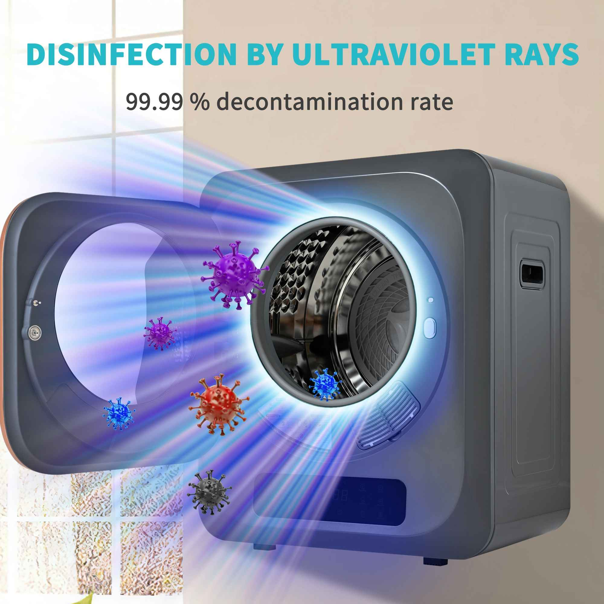 UV-Sterilisator mit offener Tür. Farbige Viren schweben. Text: Desinfektion durch UV-Strahlen und 99,99% Dekontamination.