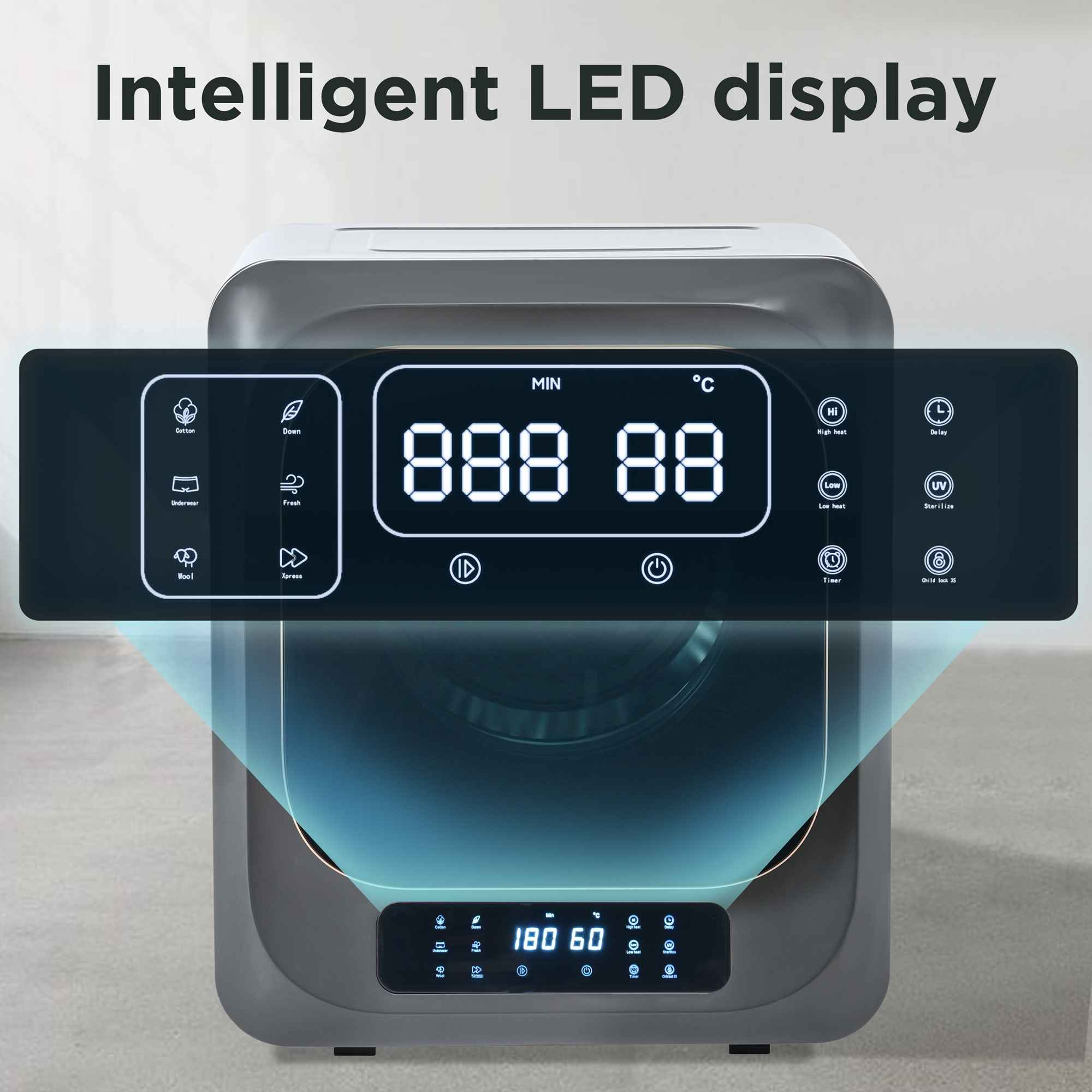 Eine graue Waschmaschine mit LED-Anzeige, die Zahlen und Symbole anzeigt. Es hat ein Bedienfeld und den Text 'Intelligente LED-Anzeige'.