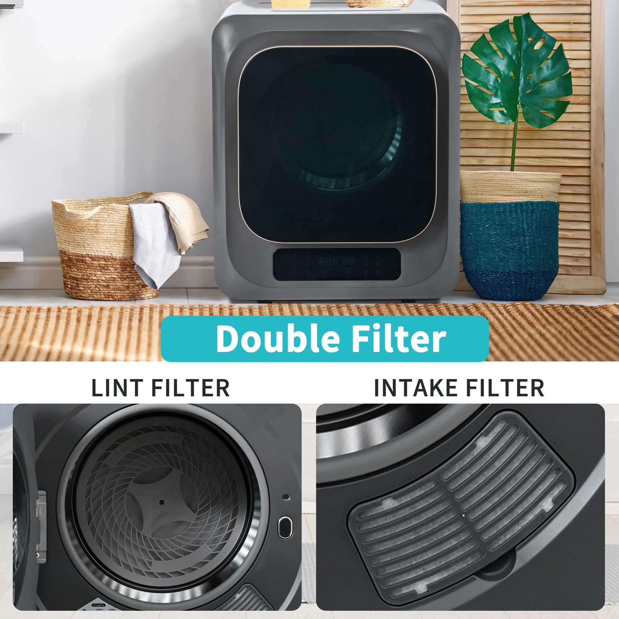 Ein grauer Trockner mit Doppelfilter-Aufschrift. Links ein Korb, rechts eine Pflanze. Unten zwei Filter-Nahaufnahmen.