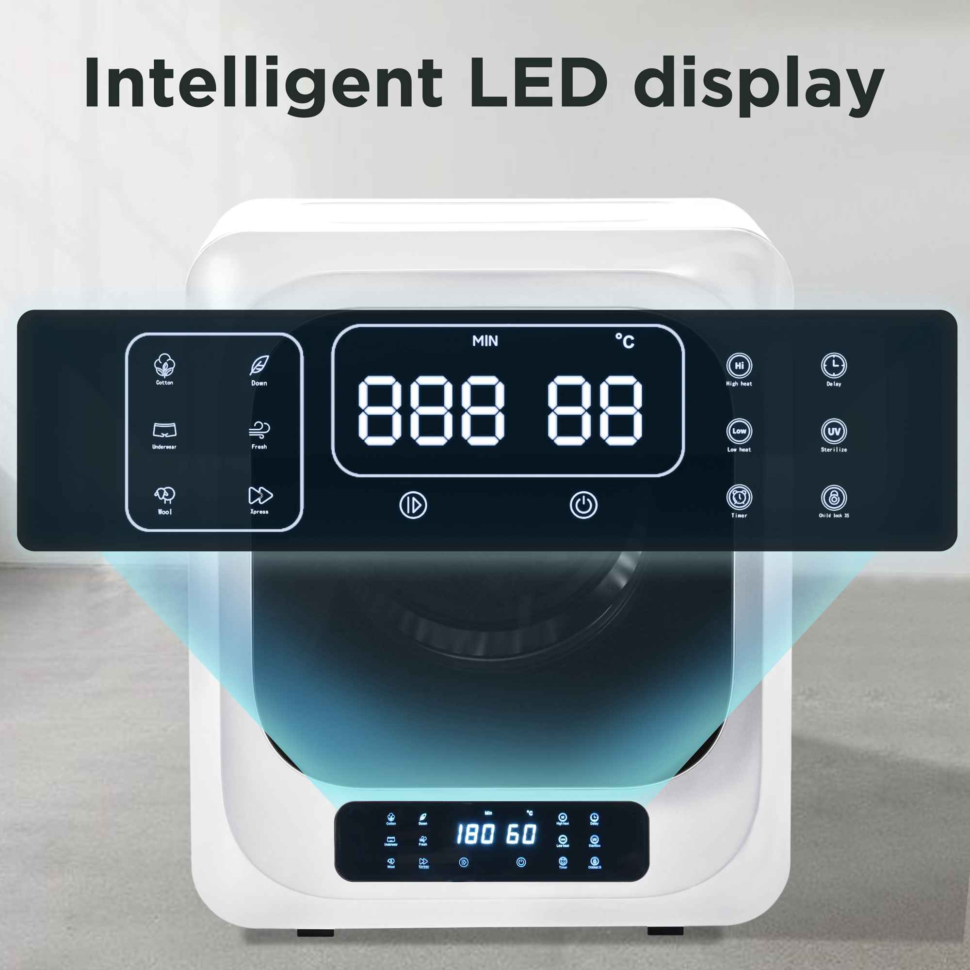 Weißes Gerät mit LED-Anzeige mit Zahlen und Symbolen. Text: 'Intelligente LED-Anzeige'.