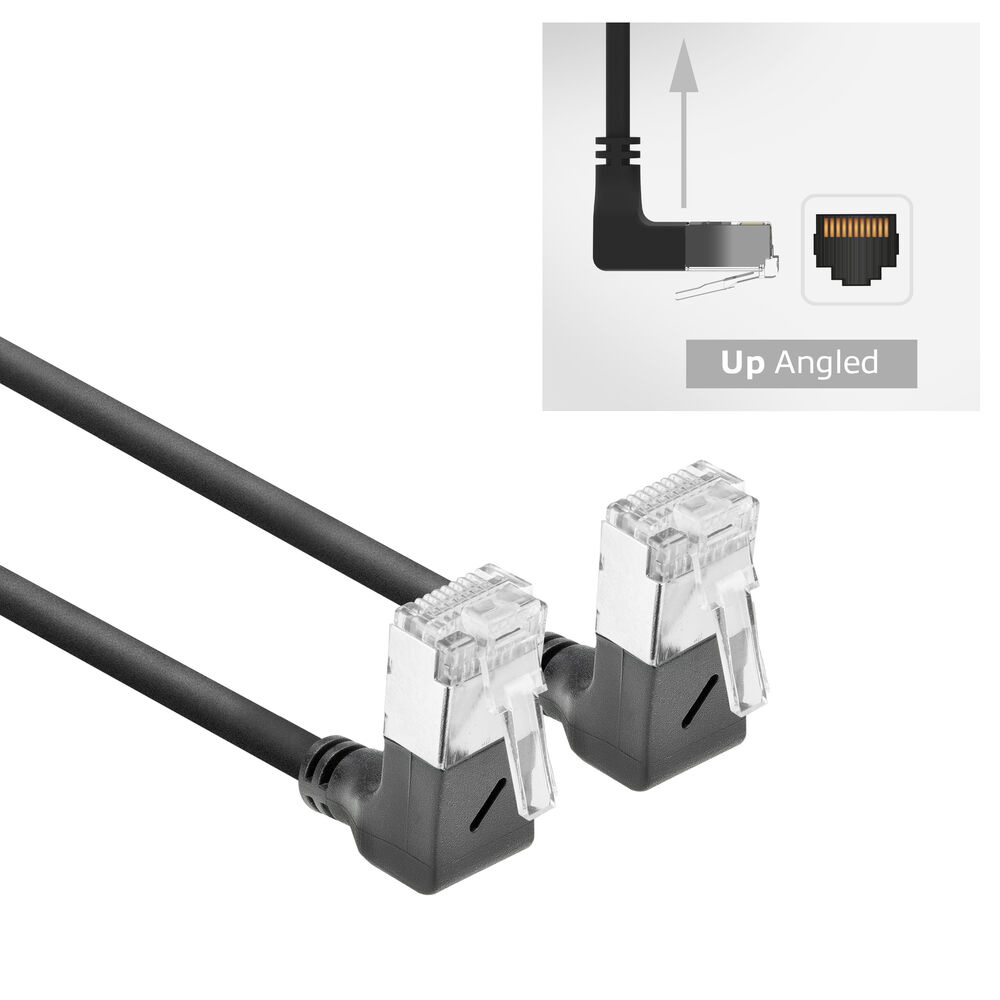 Zwei schwarze Netzwerkkabel mit abgewinkelten Steckern, das rechte zeigt den Text 'Up Angled' und ein Diagramm.