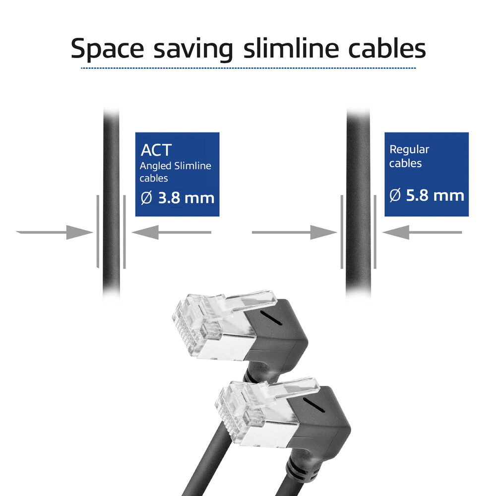 Das Bild vergleicht Slimline- und normale Netzwerkkabel. Das Slimline-Kabel ist dünner, mit einem Durchmesser von 3,8 mm, das reguläre 5,8 mm.