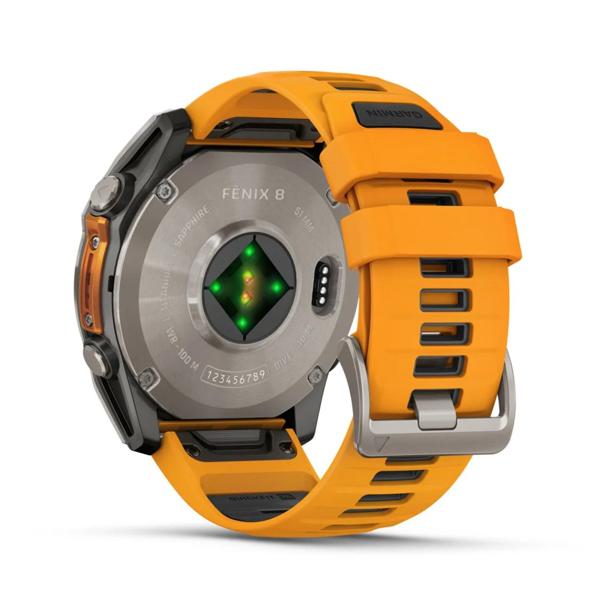 Smartwatch Garmin Fenix 8 z pomarańczowym paskiem. Zegarek jest szary i czarny z czujnikiem tętna z tyłu.