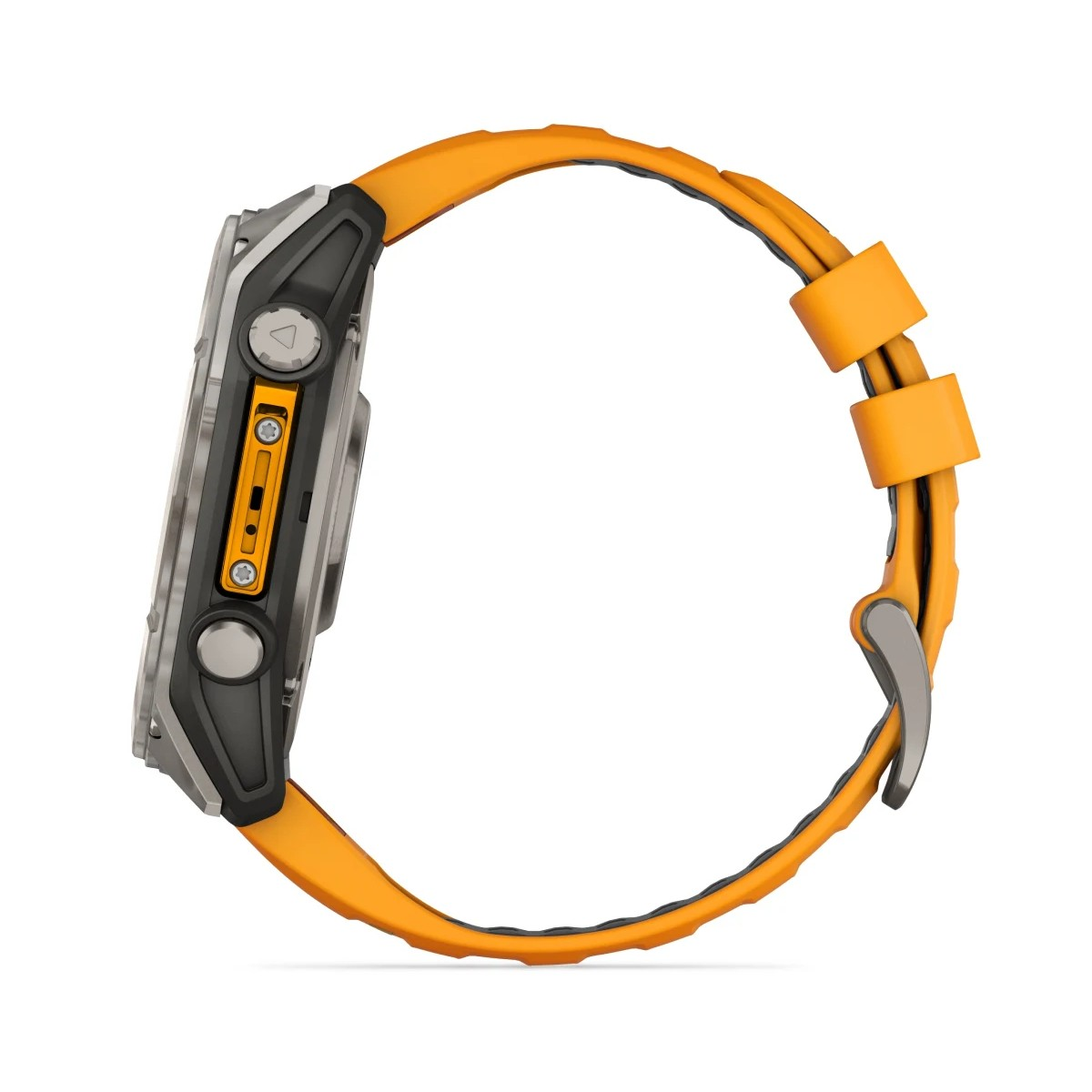 Widok z boku smartwatcha z pomarańczowym paskiem. Tarcza zegarka jest szara i czarna. Pasek ma srebrne zapięcie.