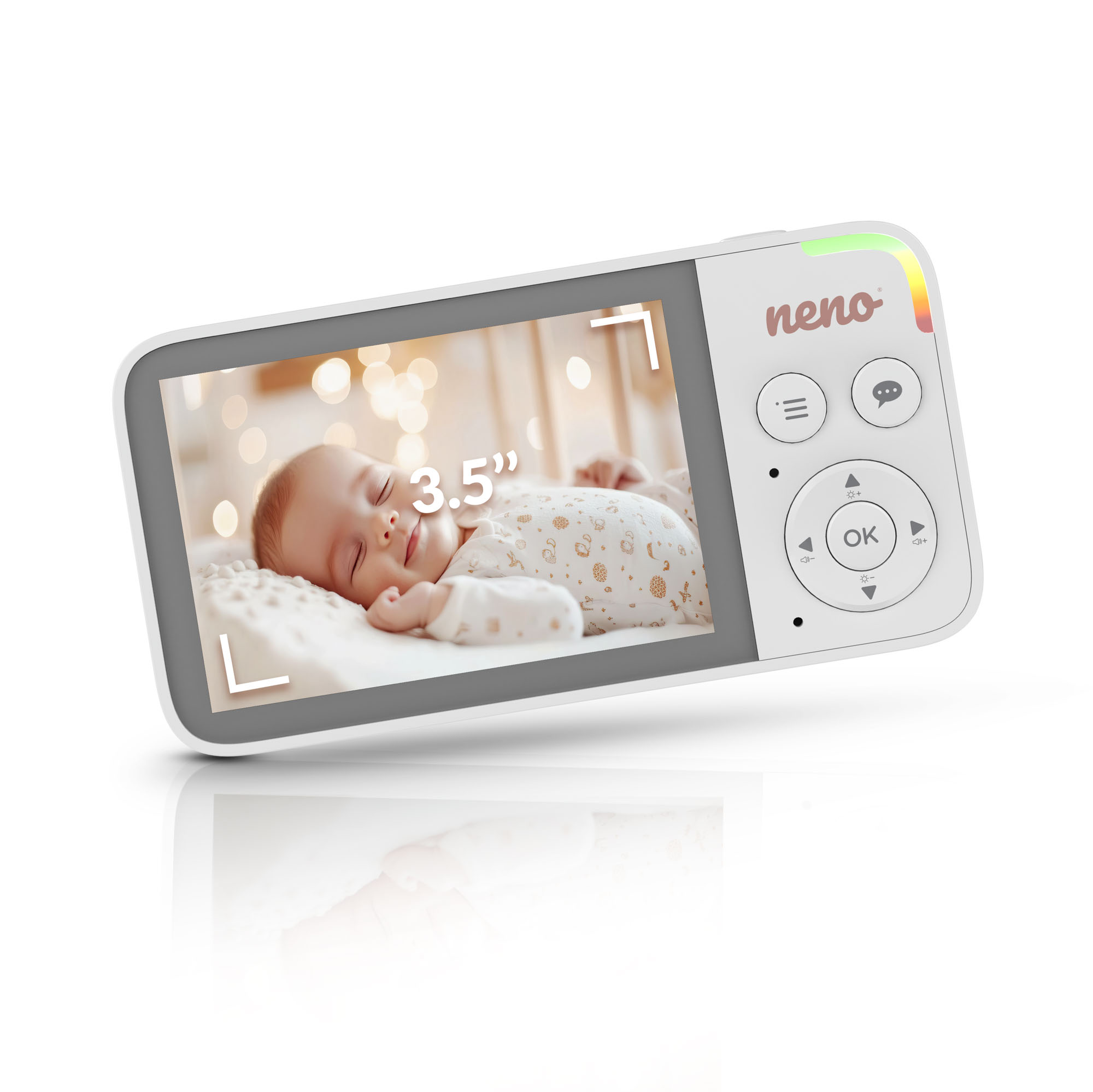 Babyphone zeigt ein schlafendes Baby. Der Monitor hat Knöpfe, einen Bildschirm mit einem Baby und den Markennamen 'neno'.
