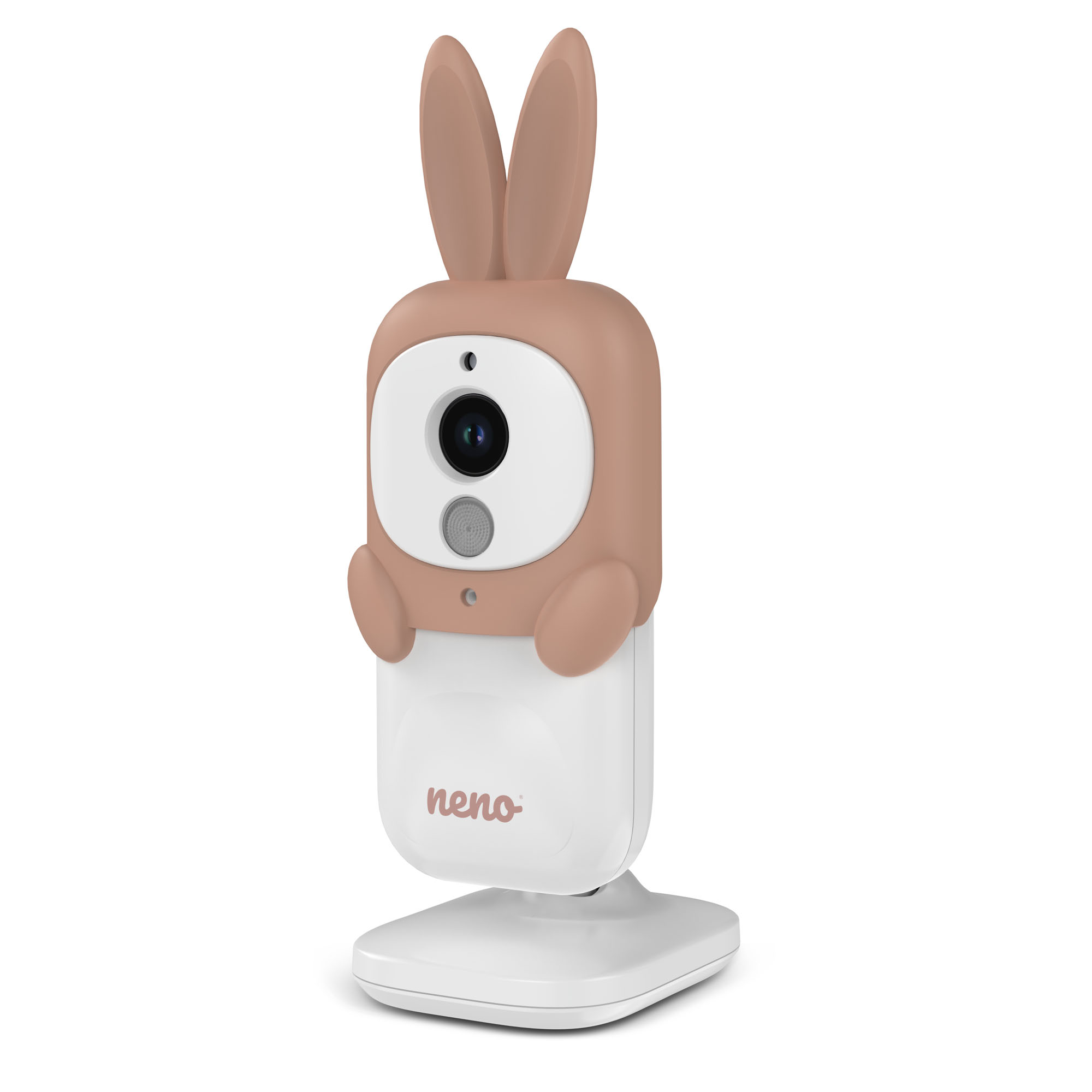 Ein Babyphone in Form eines Hasen. Es ist weiß und hellbraun. Der Markenname ist neno.