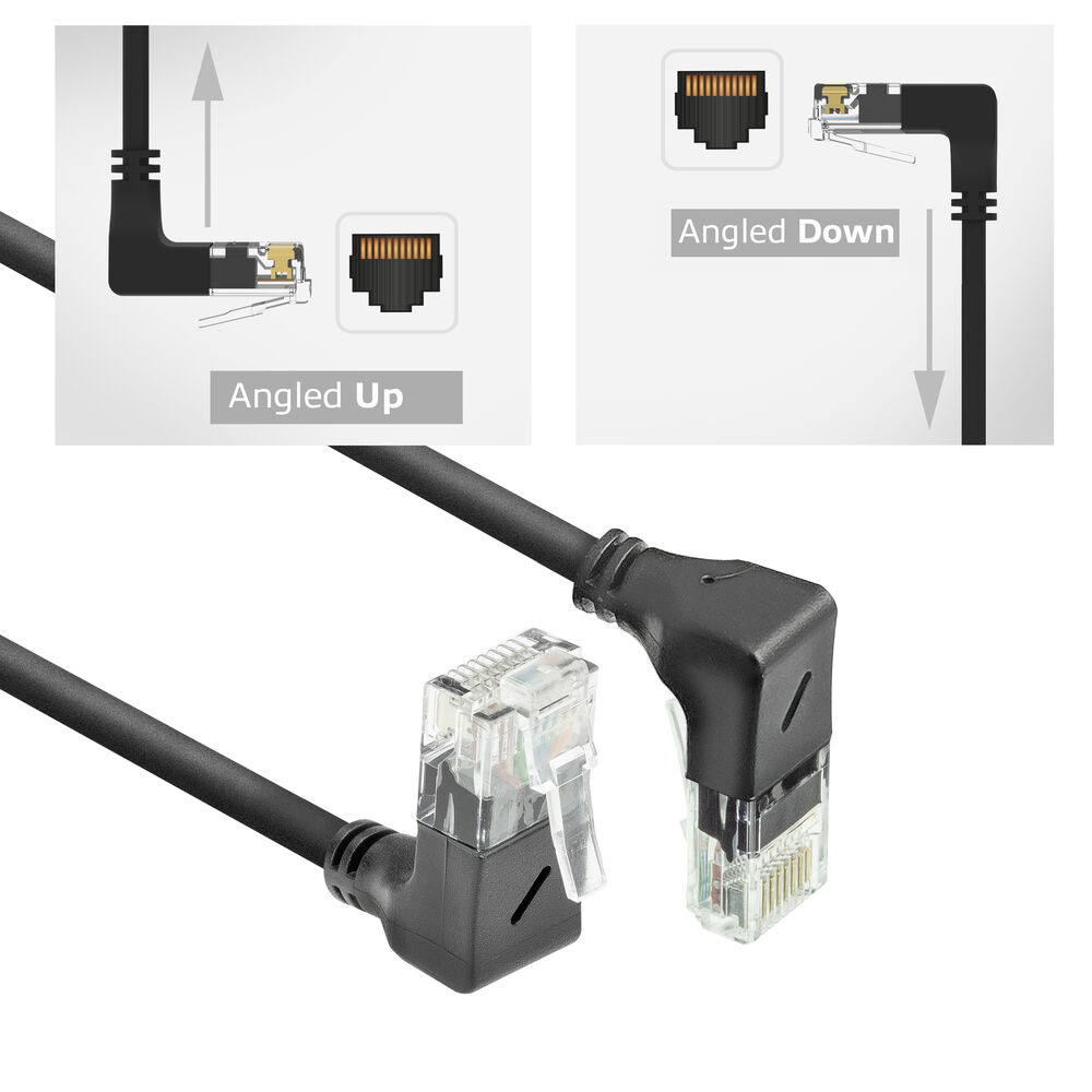 Das Bild zeigt abgewinkelte Ethernet-Kabel. Eines nach oben, eines nach unten und zwei einzelne Stecker, schwarzes Kabel, klarer Kunststoffstecker.