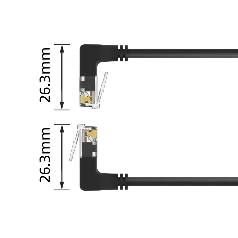 Zwei schwarze Netzwerkkabel mit RJ45-Steckern. Jedes Kabel hat eine Beschriftung mit 26,3 mm. Stecker sind silber und gold.