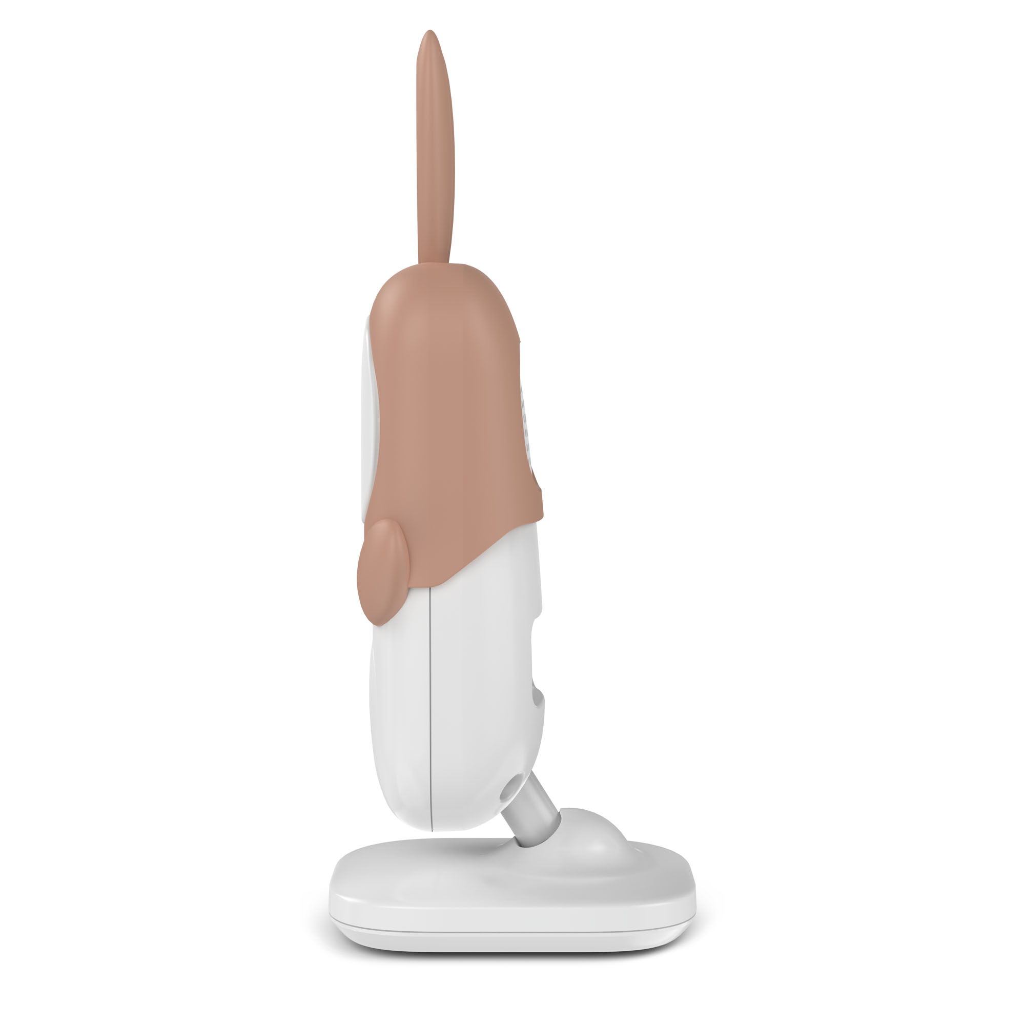 Ein Babyphone, weiß und hellbraun, steht auf einem weißen Sockel. Der Monitor hat eine hellbraune Oberseite und eine lange Antenne.