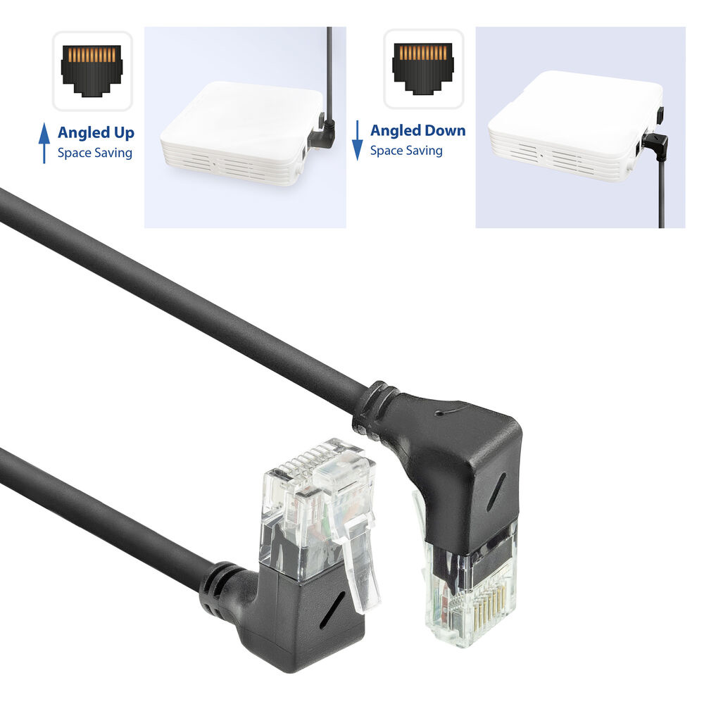 Das Bild zeigt abgewinkelte Ethernet-Anschlüsse und ein Kabel. Oben sind Diagramme von nach oben und unten abgewinkelten Anschlüssen.