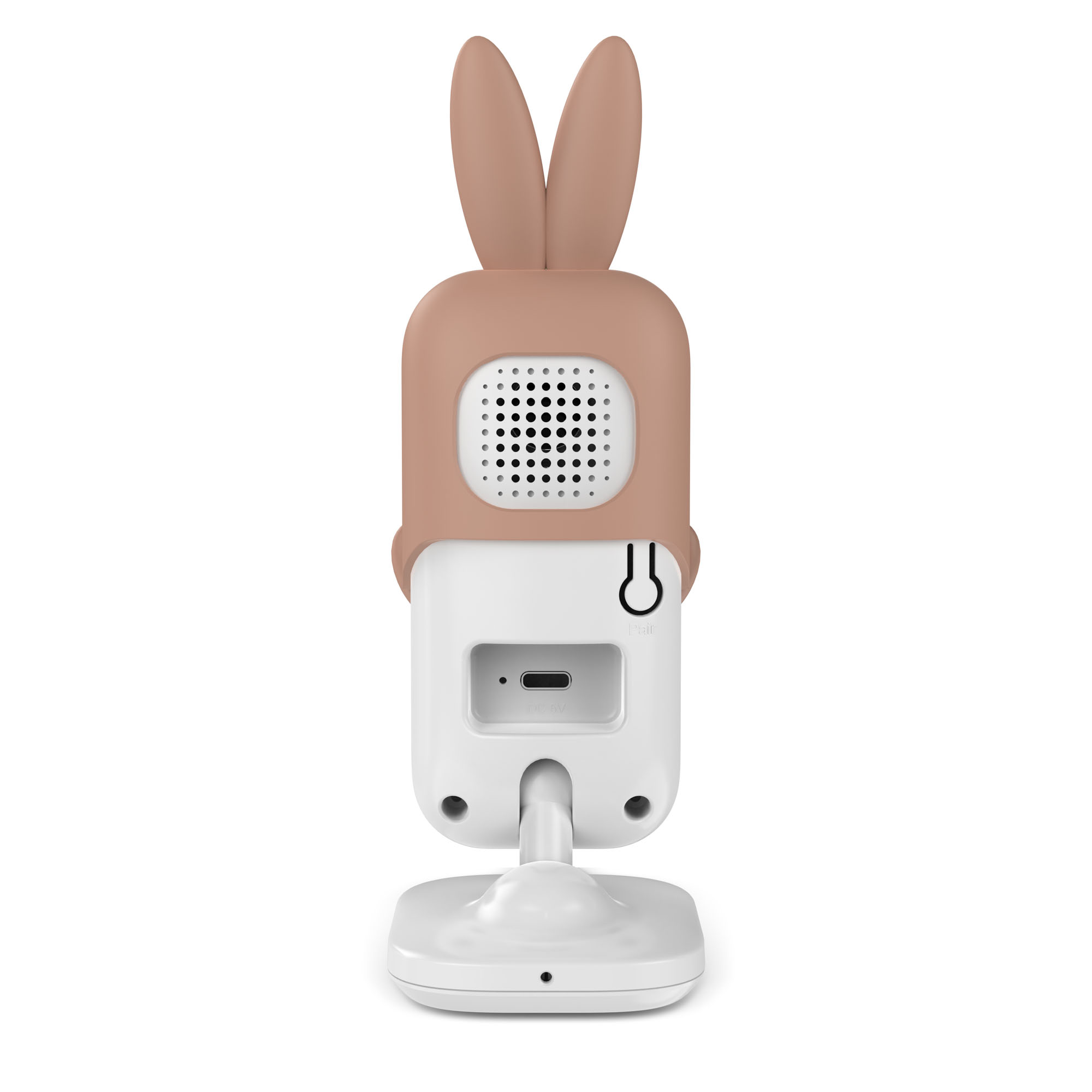 Ein weißer Babyphone mit einem hasenohrenförmigen Design. Es hat einen Lautsprecher, einen Stromanschluss und einen Ständer.