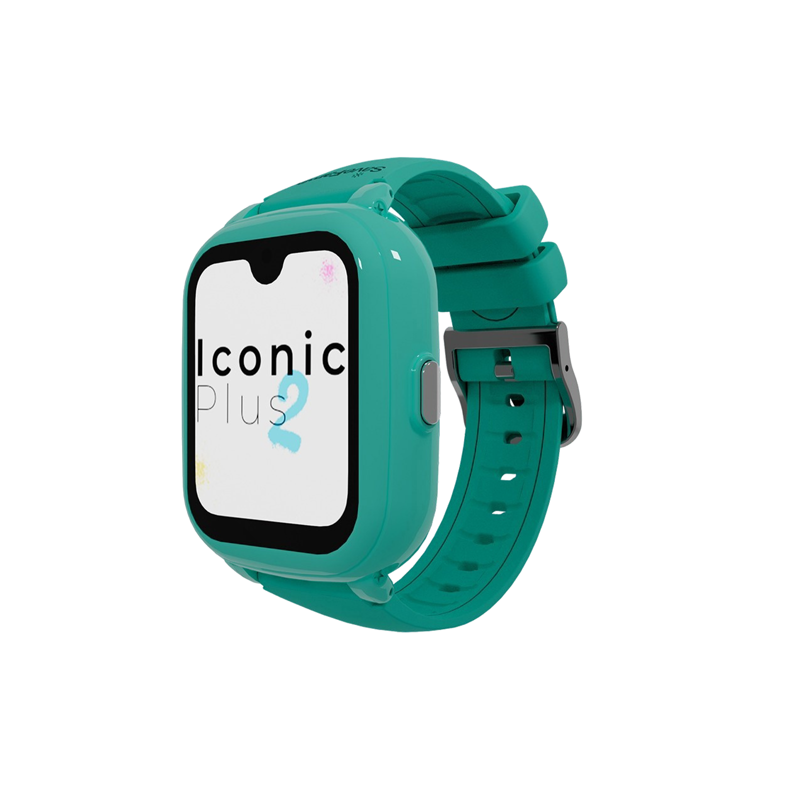 Eine türkisfarbene Iconic Plus 2 Smartwatch wird auf weißem Hintergrund angezeigt. Die Uhr hat einen Bildschirm, ein Armband und einen Verschluss.