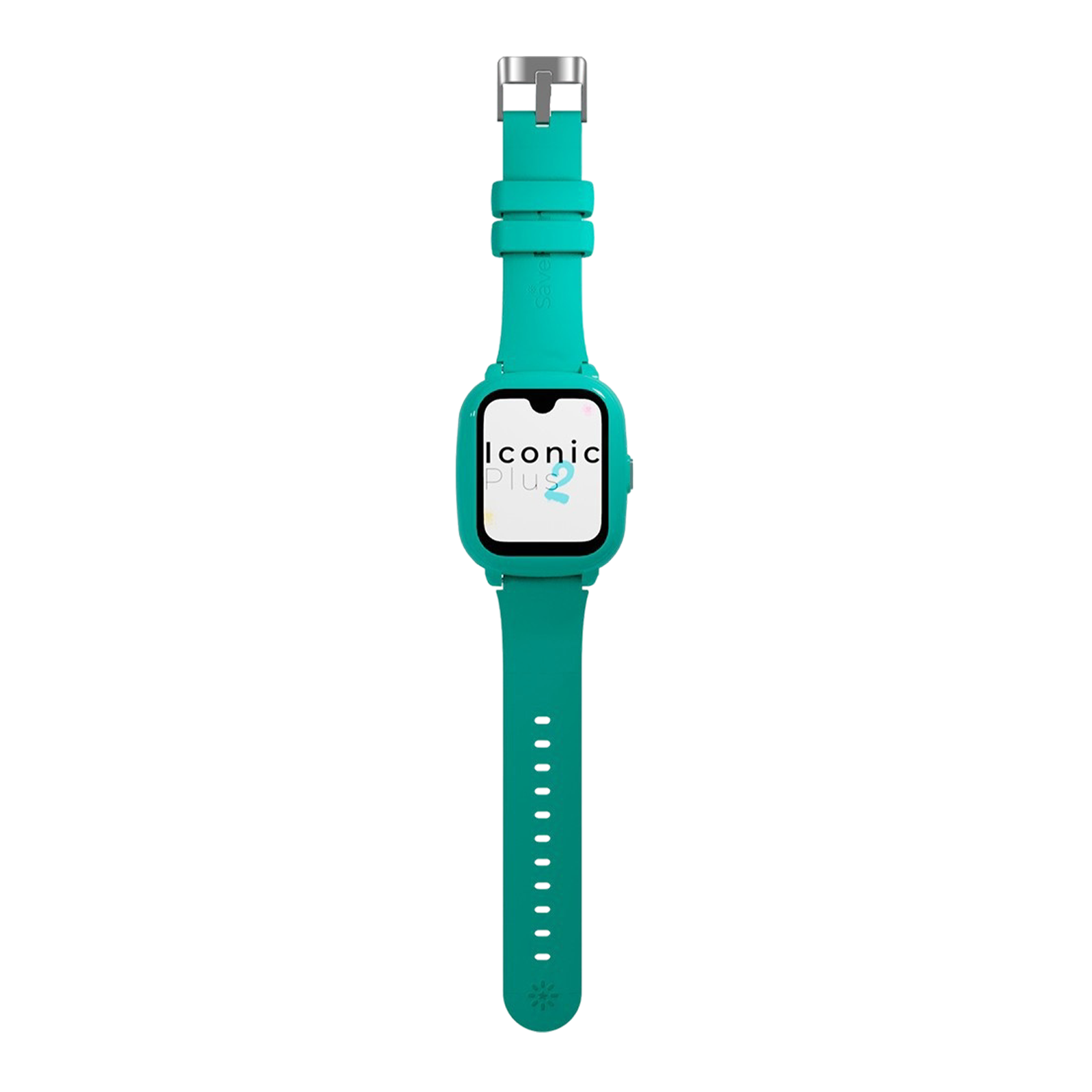 Eine türkisfarbene Smartwatch mit weißem Bildschirm, auf dem 'Iconic Plus 2' steht. Das Armband hat Löcher und eine silberne Schnalle.