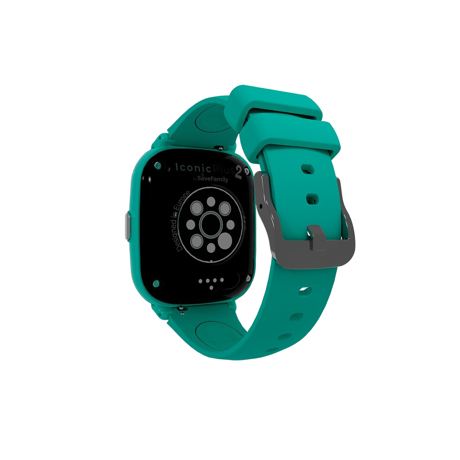 Türkisfarbene Smartwatch mit schwarzem Zifferblatt. Das Armband ist mit einer grauen Schnalle verbunden. Rückseite der Uhr hat Sensoren.