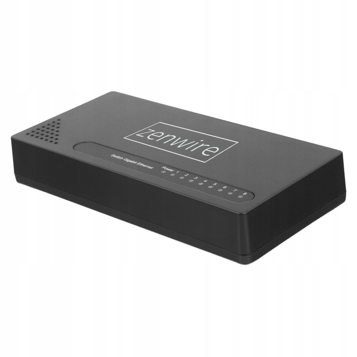 Czarny przełącznik Ethernet Zenwire. Ma nazwę marki na górze i kilka lampek kontrolnych.
