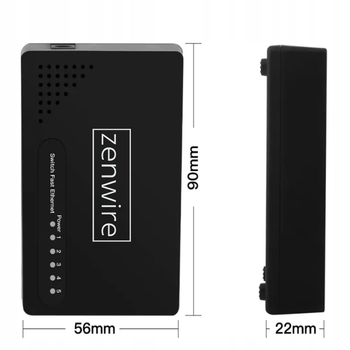 Czarny przełącznik Zenwire z wymiarami. Posiada wskaźniki zasilania i porty Ethernet. Widok z boku pokazuje grubość.