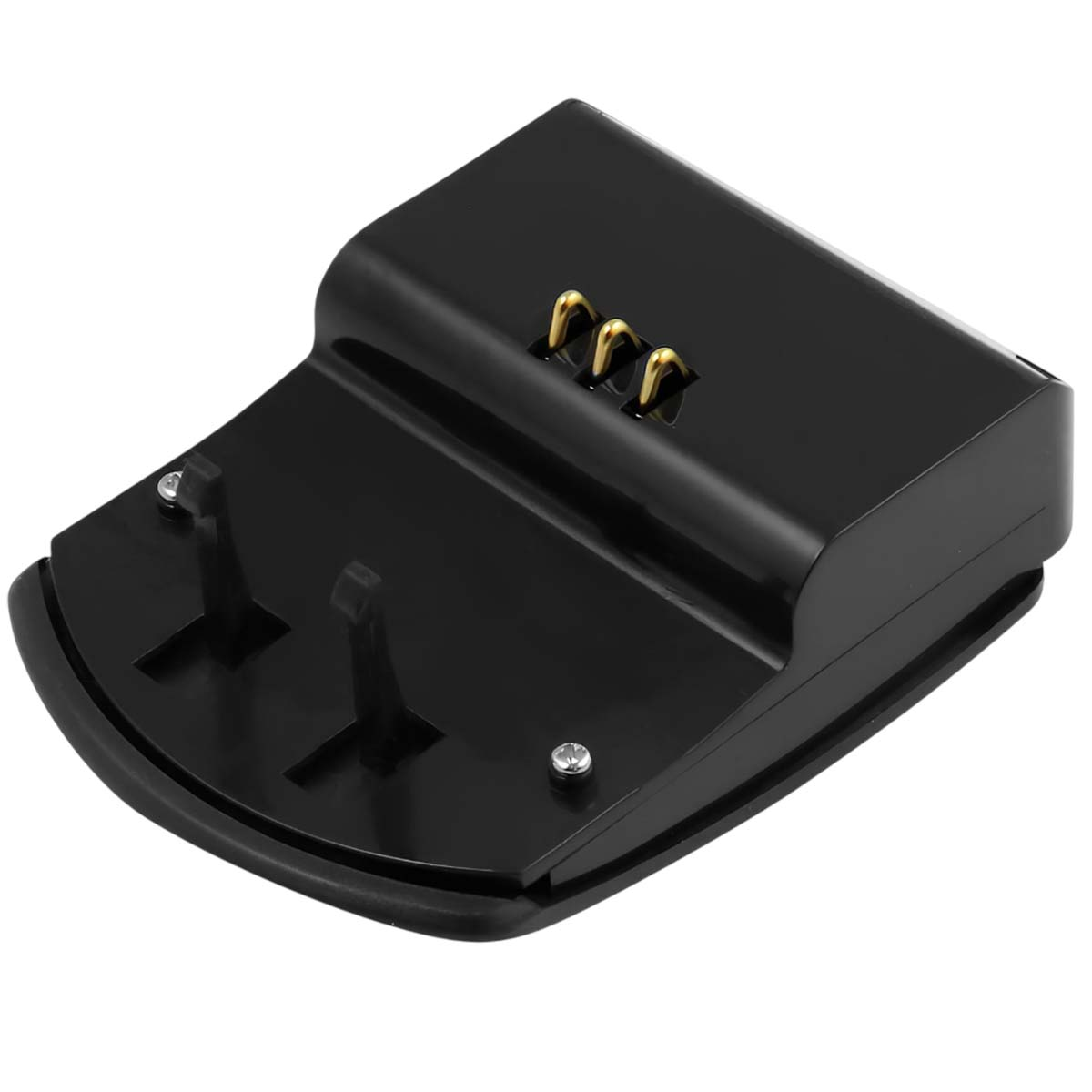 Schwarze Ladestation mit goldenen Stiften. Sie hat zwei Vorsprünge und eine gebogene Basis. Schrauben sichern die Teile.