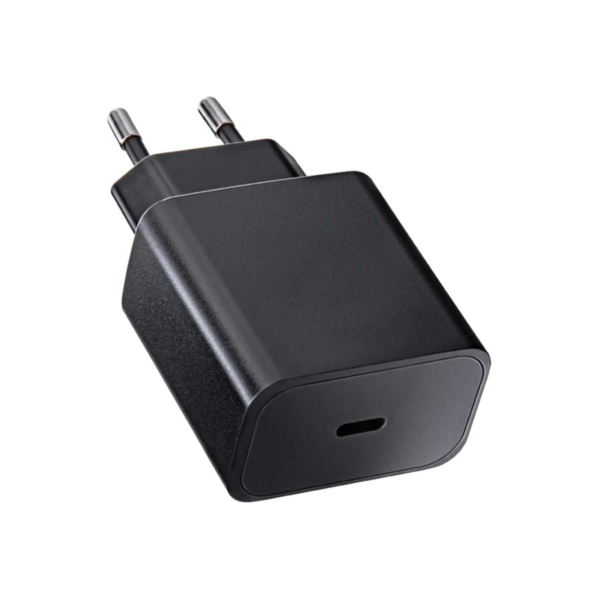 Ein schwarzes Telefonladegerät mit zwei silbernen Stiften. Das Ladegerät hat einen rechteckigen Körper mit einem USB-C-Anschluss.