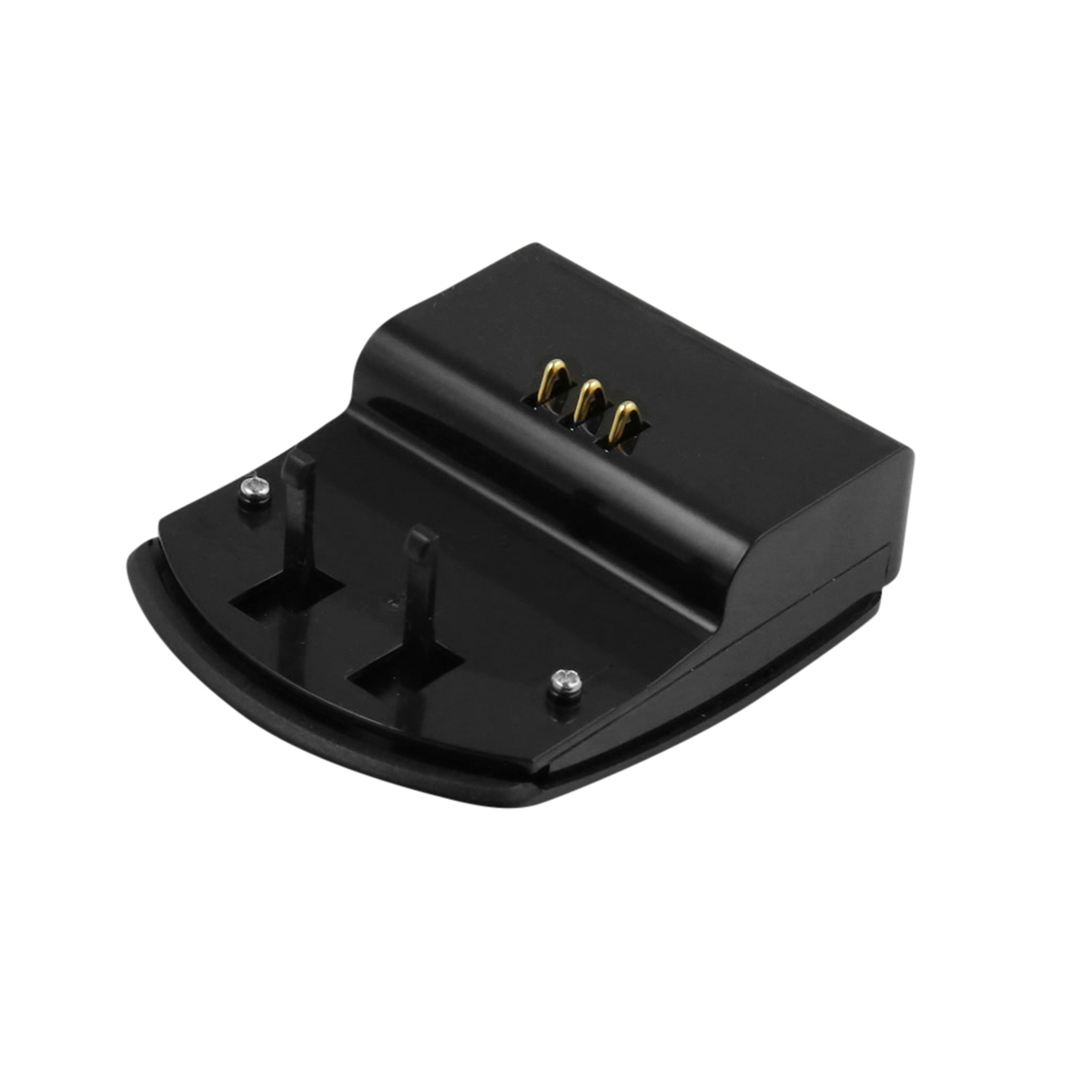 Eine schwarze Ladestation mit drei goldfarbenen Stiften. Es hat zwei kleine Pfosten und zwei silberne Schrauben. Kurvenförmiges Design.