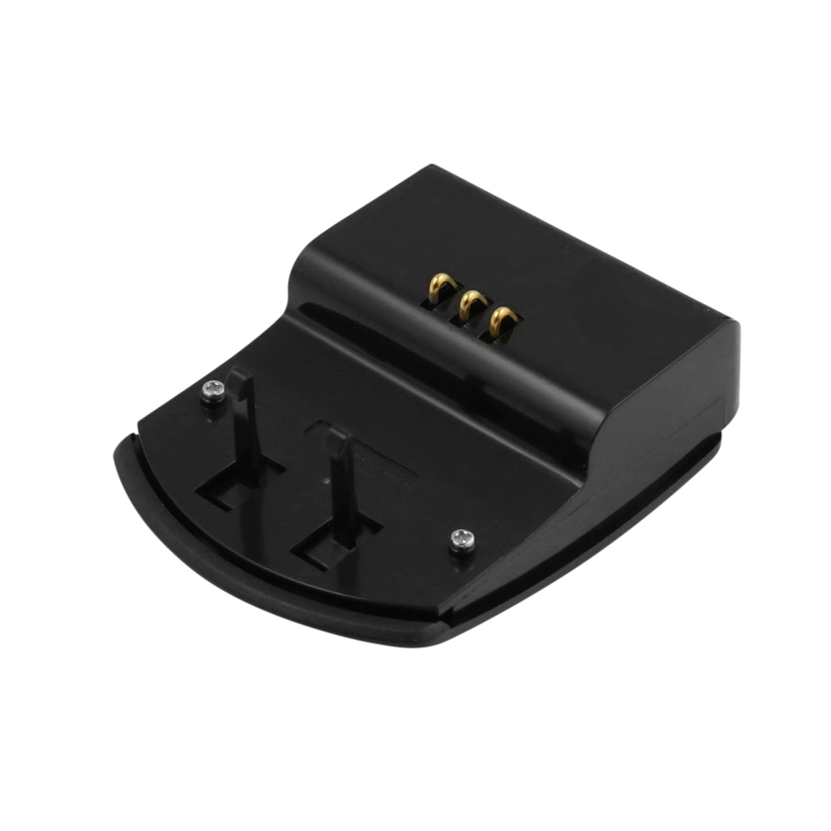 Eine schwarze Ladestation mit drei goldfarbenen Kontaktpunkten. Zwei schwarze Stifte ragen heraus. Schrauben sichern die Basis.