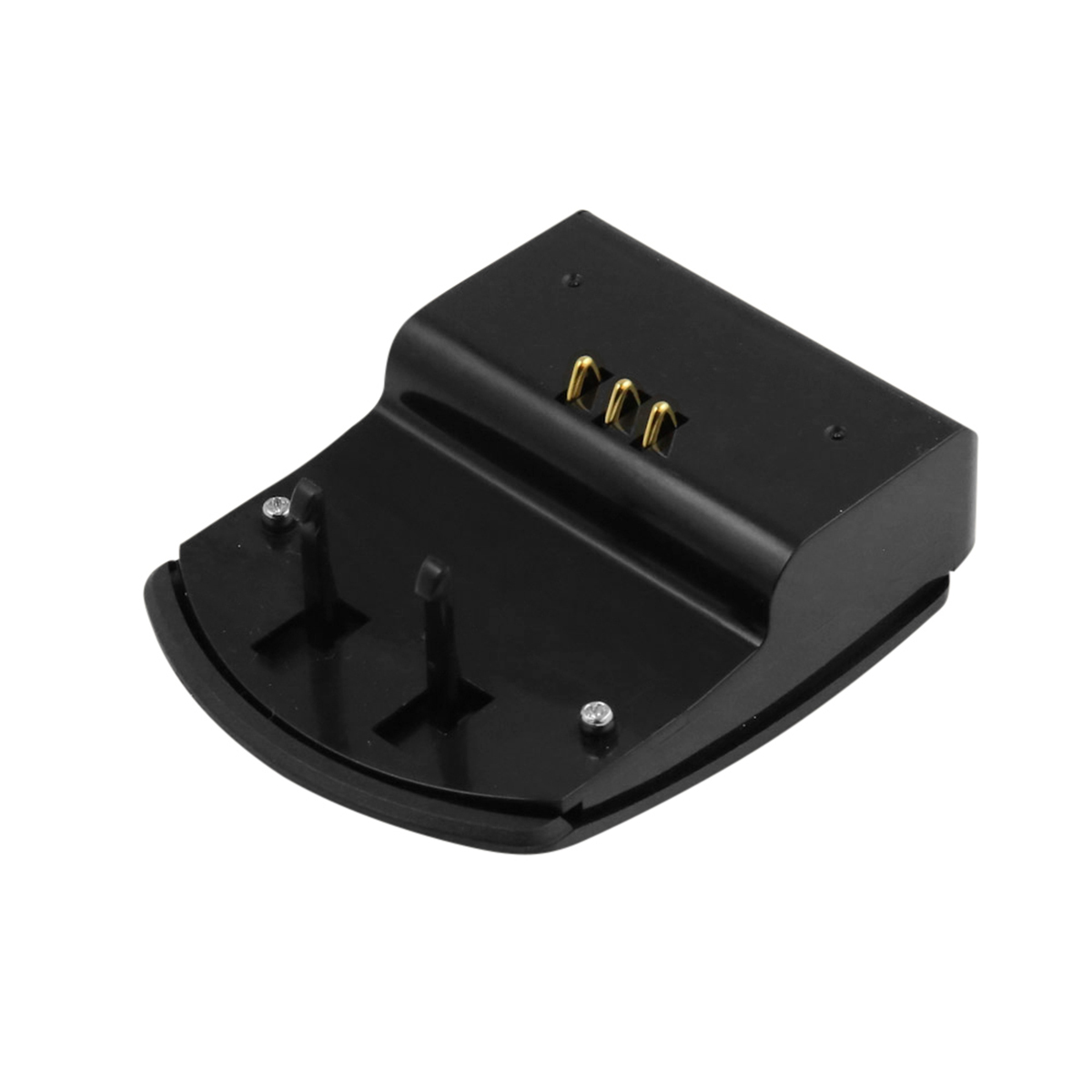 Eine schwarze Ladestation mit zwei vertikalen Stiften und drei goldfarbenen Ladekontakten. Die Station hat eine gebogene Basis.