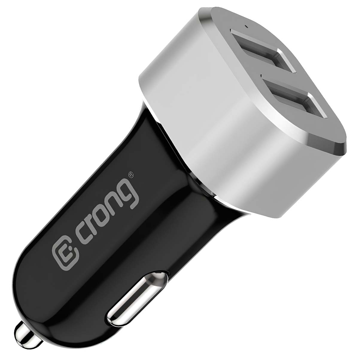 Ein schwarz-silbernes Autoladegerät mit zwei USB-Anschlüssen. Der Markenname 'crong' ist auf dem schwarzen Gehäuse zu sehen.