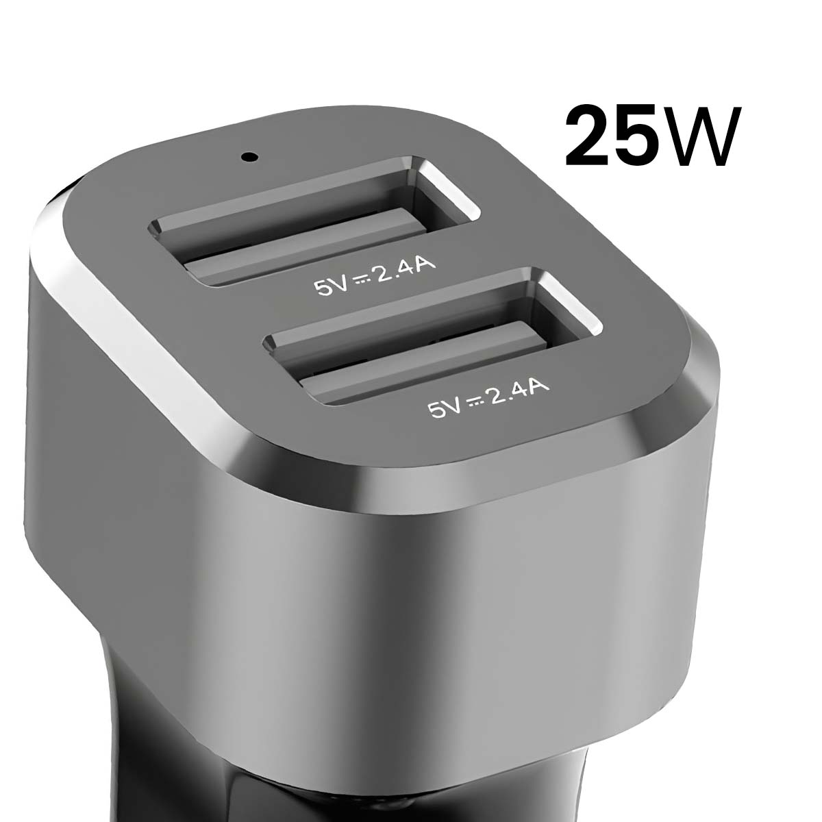 Ein graues USB-Autoladegerät mit zwei Anschlüssen, beschriftet mit 5V=2,4A. Es hat 25W Text auf der rechten Seite.