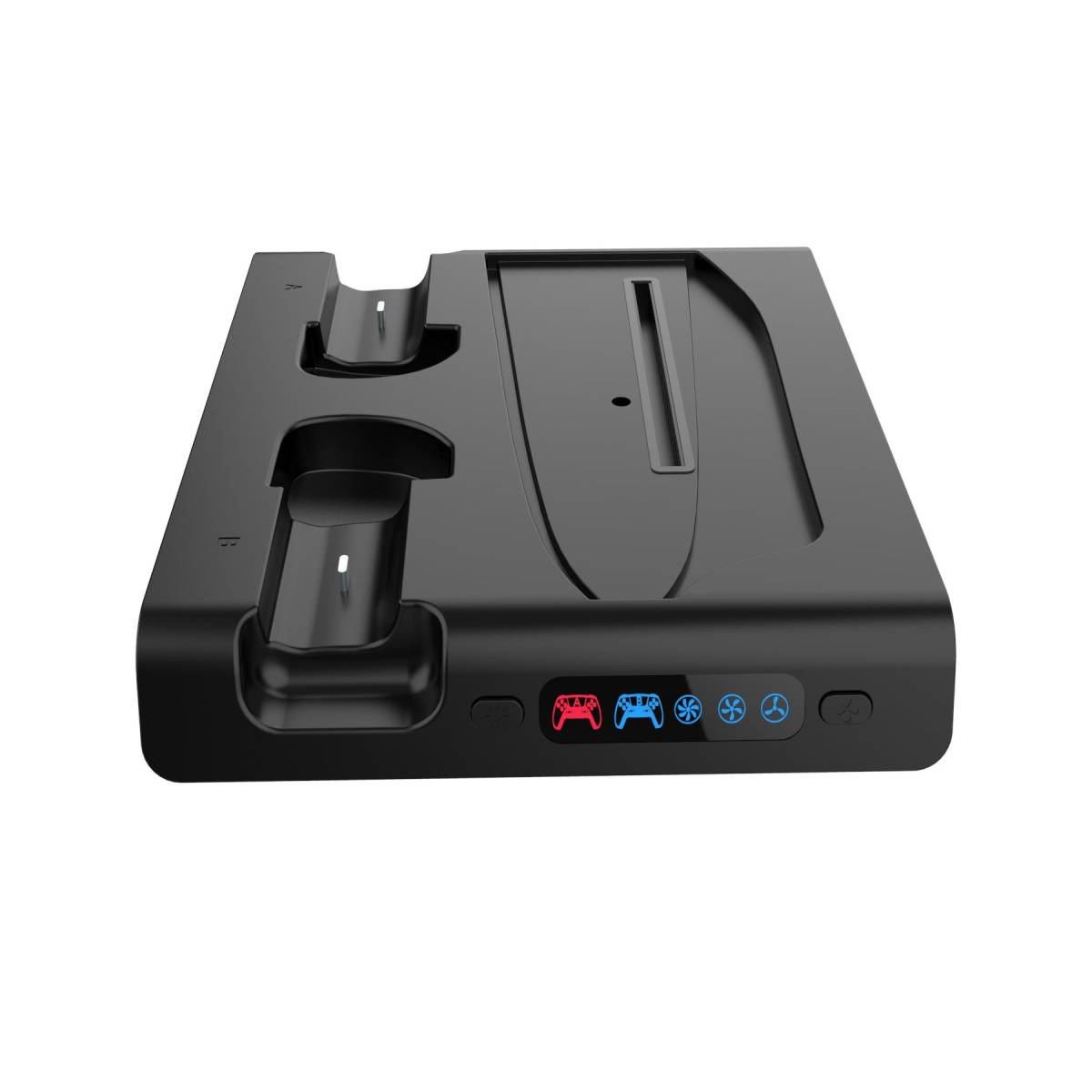 Eine schwarze Ladestation für Spielkonsolen. Sie hat Steckplätze für Controller und Kontrollleuchten mit roten und blauen Symbolen.