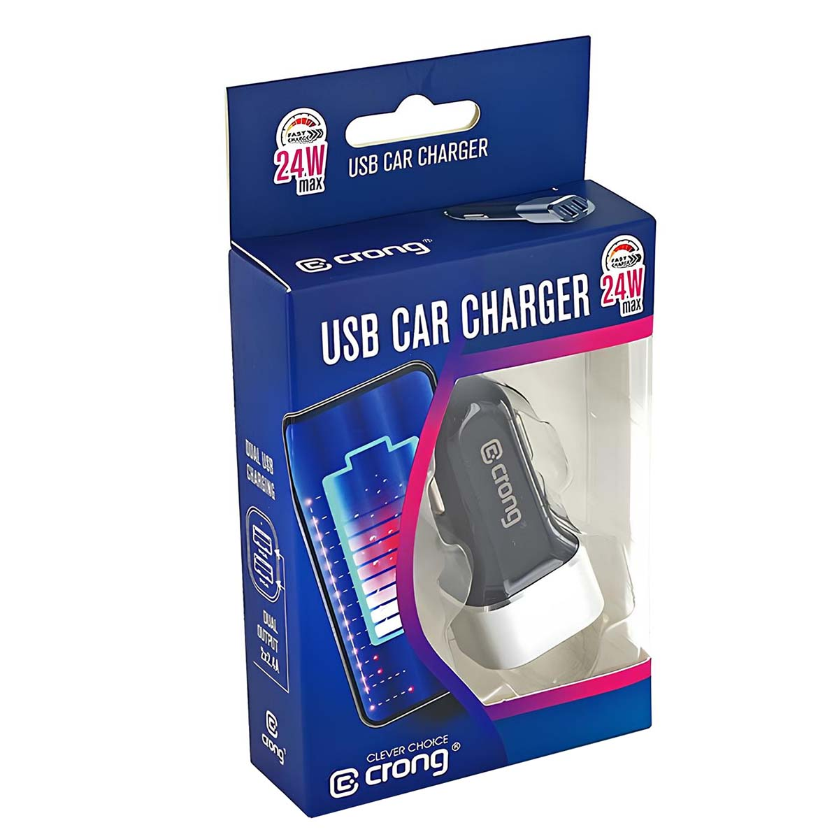 Eine USB-Autoladebox. Sie hat ein Ladegerät im Inneren. Die Box ist blau mit weißen und rosa Akzenten. Sie hat Text und Logos darauf.