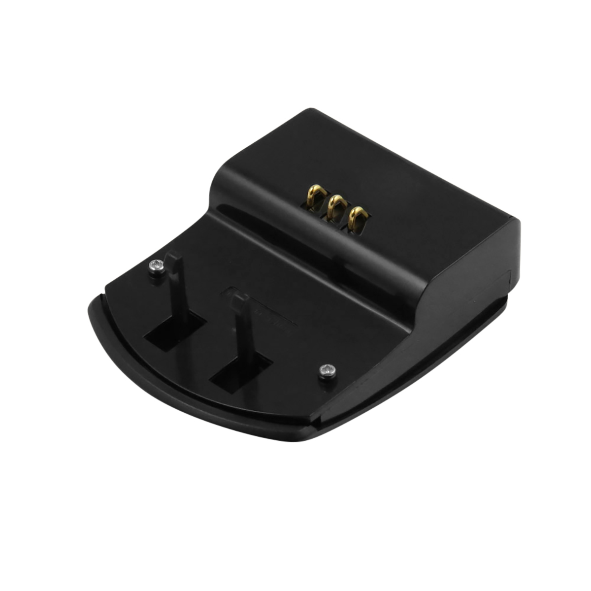 Eine schwarze Ladestation mit goldfarbenen Anschlüssen und zwei vertikalen Pfosten. Schrauben sind an der Basis sichtbar.
