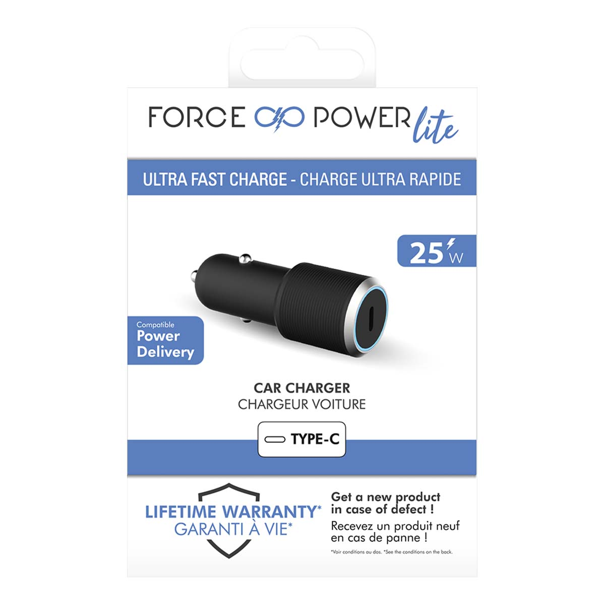 Eine Autoladegerät-Verpackung mit einem schwarzen Ladegerät, Text mit der Aufschrift 'Ultra Fast Charge', 'Lifetime Warranty' und '25W'.