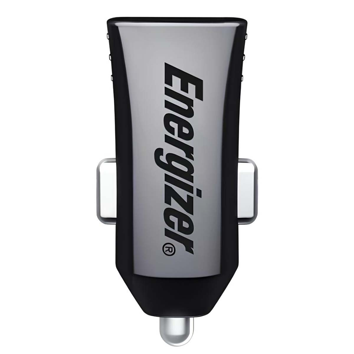 Primo piano di un caricabatterie per auto Energizer. È nero e argento, con il logo Energizer. Due maniglie argentate sui lati.
