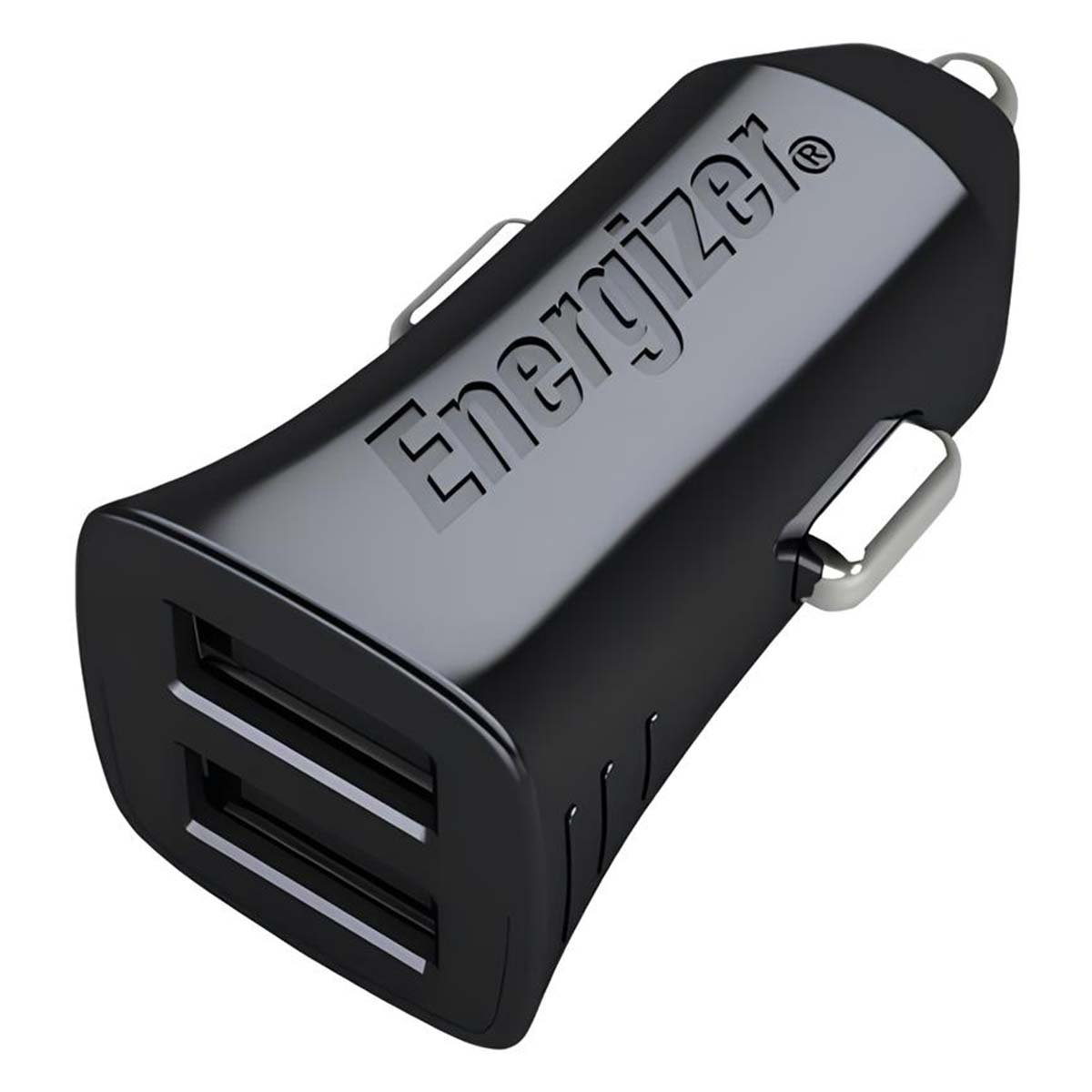 Caricabatterie per auto USB Energizer nero con due porte. Il caricabatterie ha una superficie lucida e dettagli argentati. Il logo Energizer è visibile.