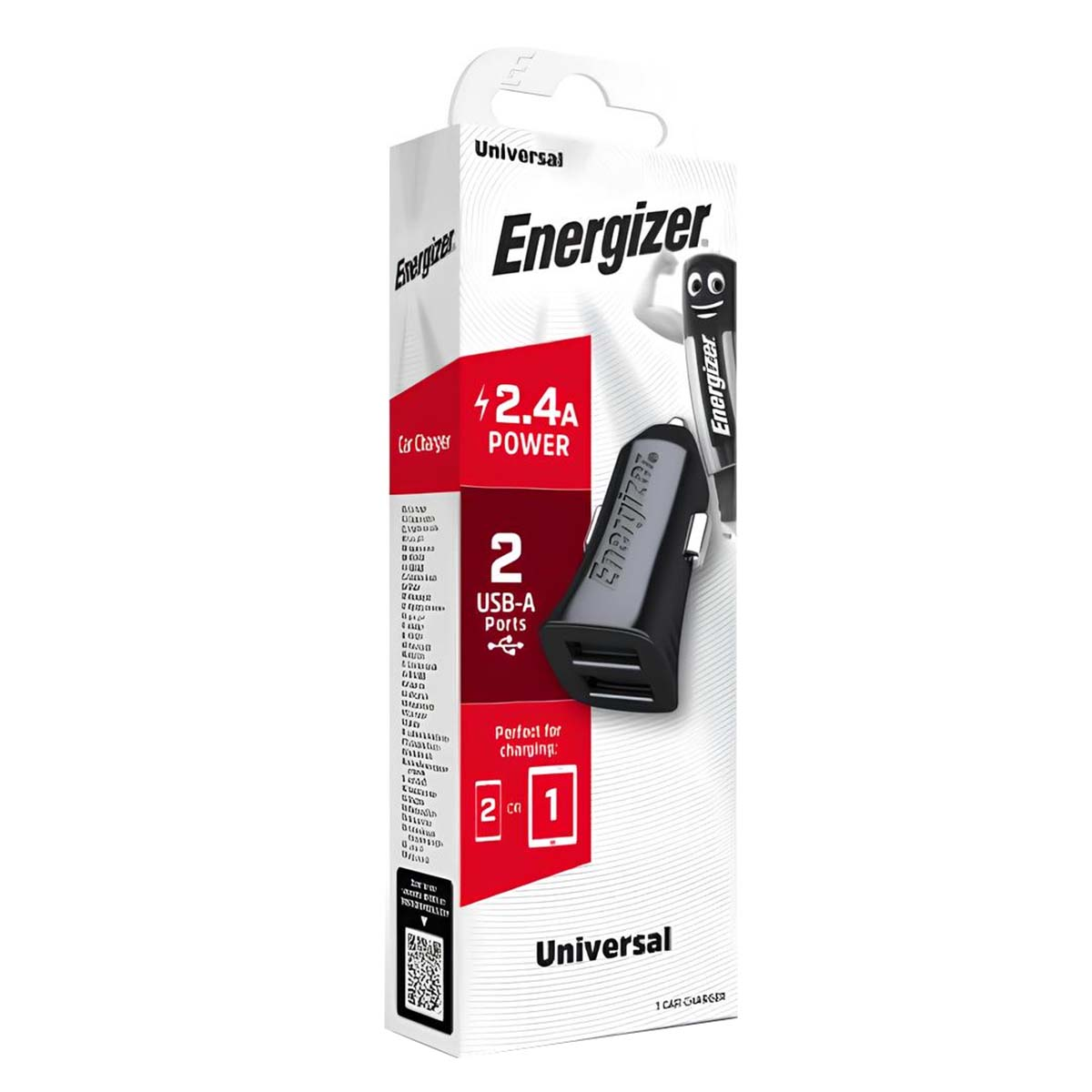 Scatola caricabatterie per auto Energizer con caricabatterie nero. Ha 2 porte USB e visualizza 42,4A di potenza. Marchio Universal.