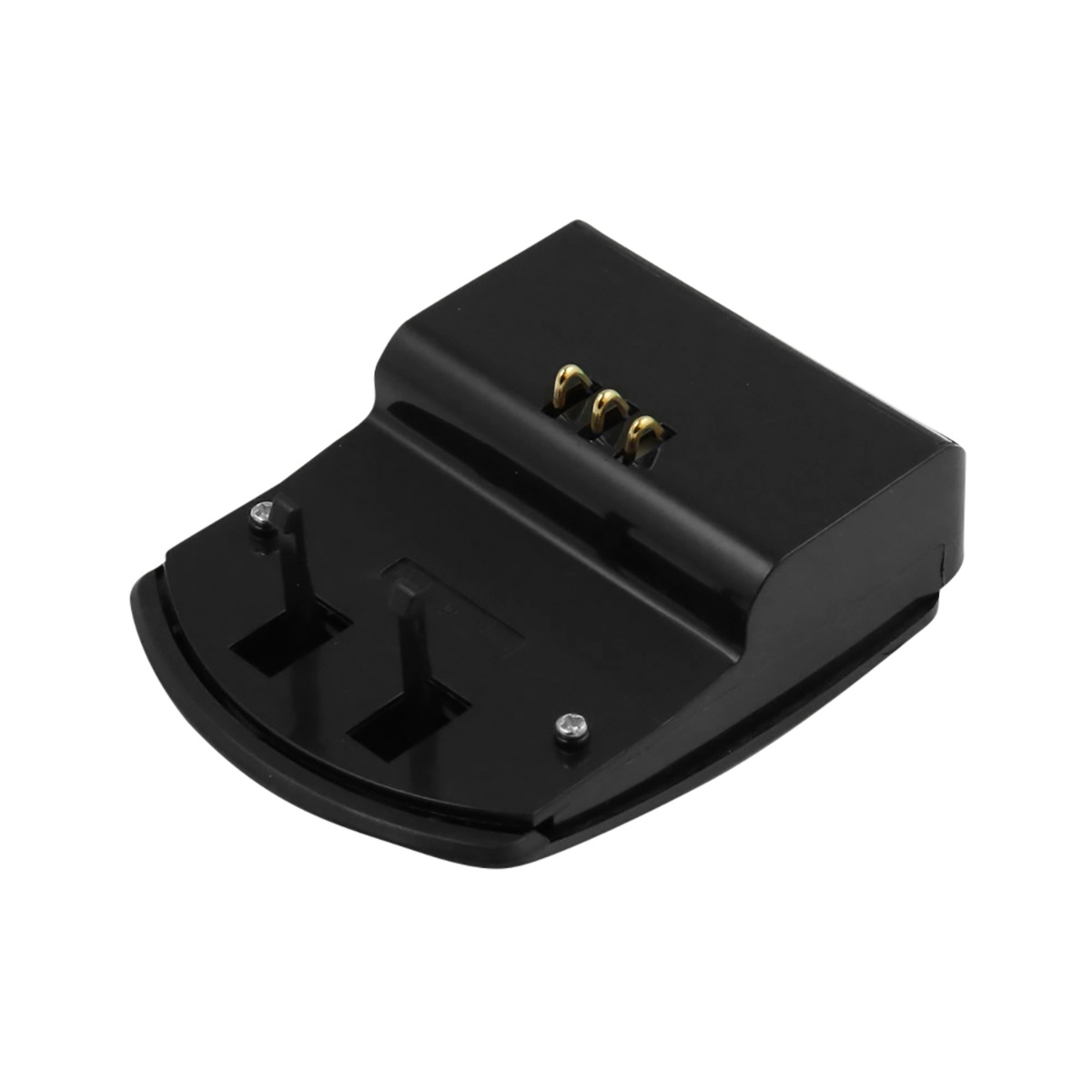 Una base de carga negra con dos clavijas y tres puntos de contacto dorados. Tiene una base curva y dos tornillos.