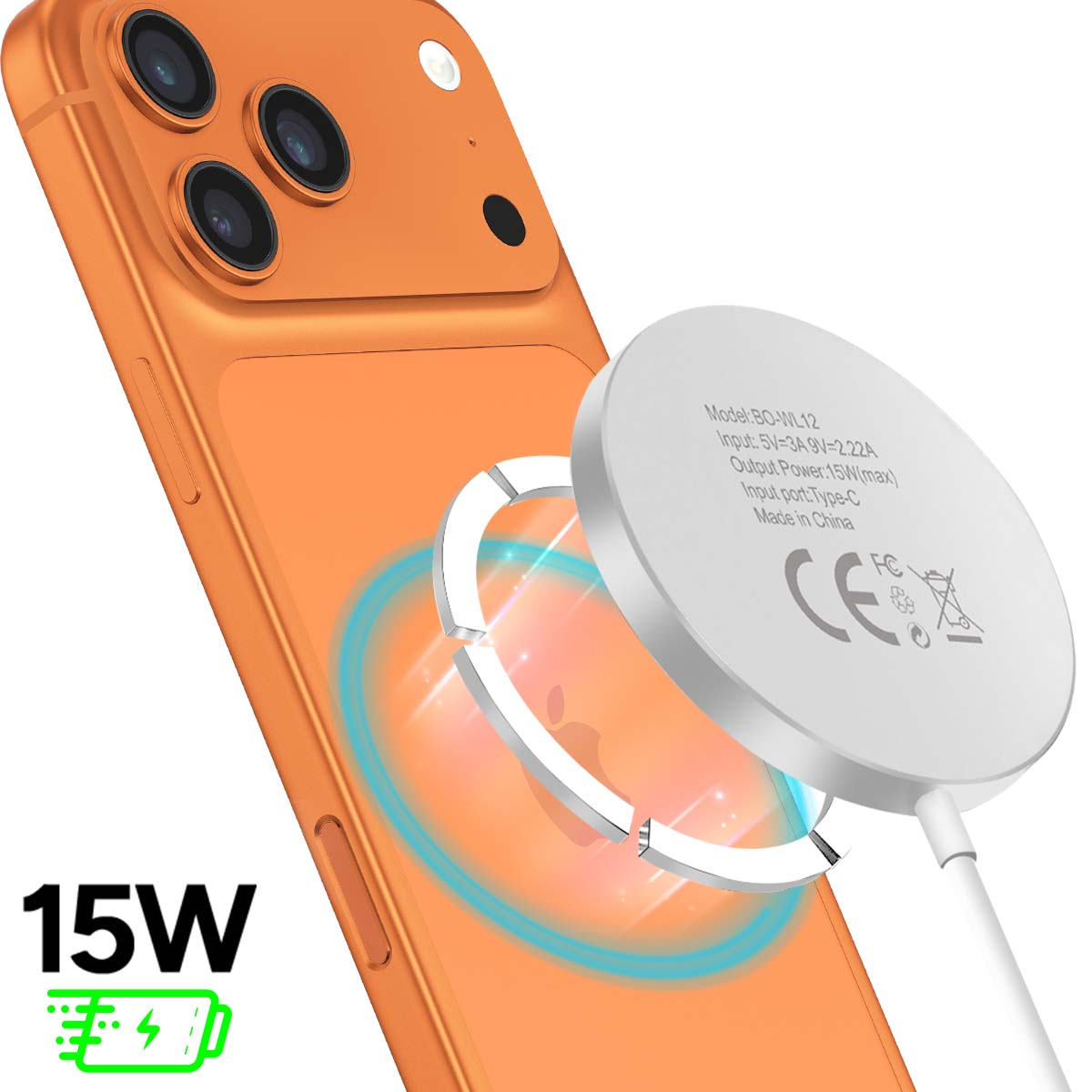 Ein orangefarbenes Telefon mit einem kabellosen Ladegerät. Das Ladegerät ist weiß, das Telefon hat 3 Kameras und einen Blitz.