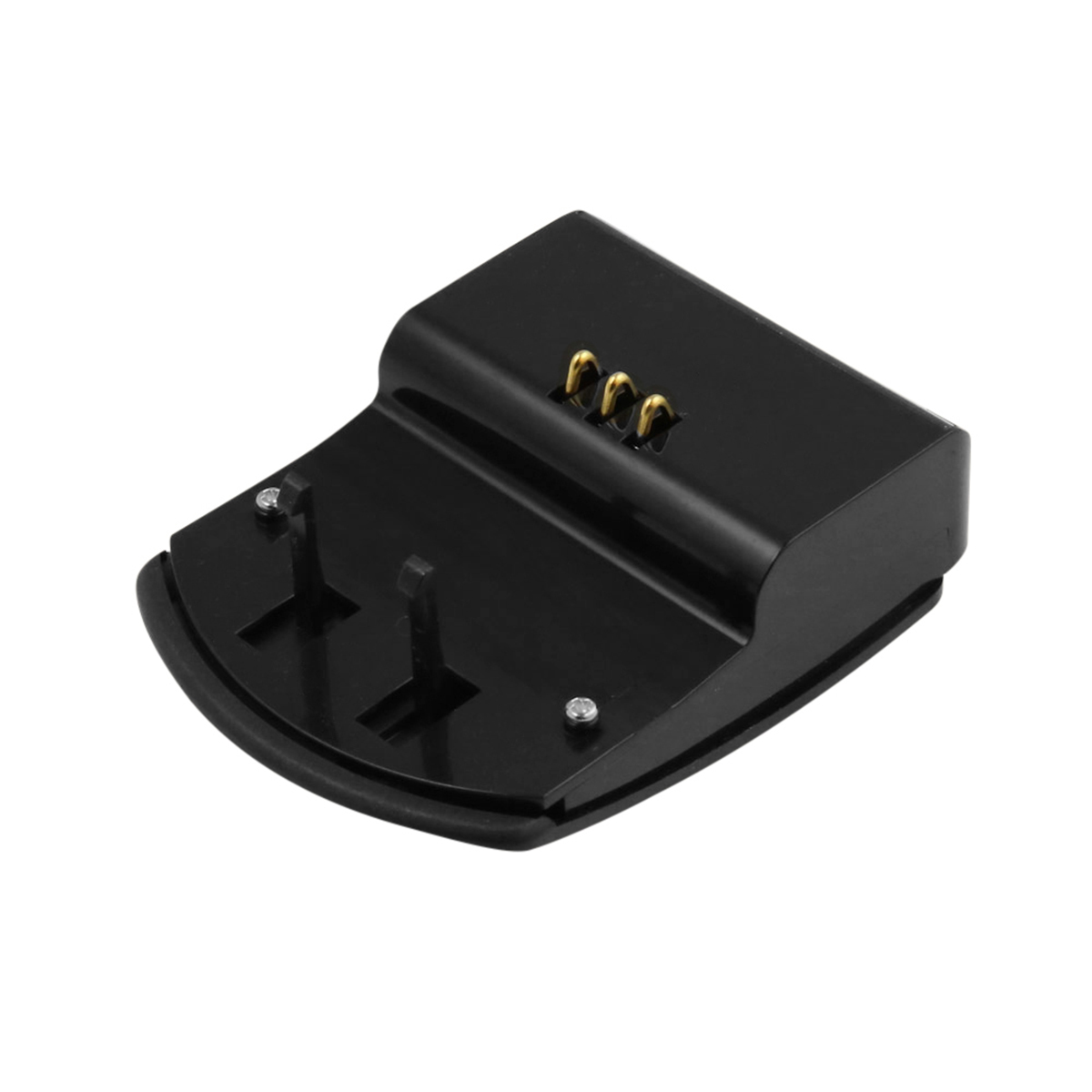Eine schwarze Ladestation mit drei goldenen Anschlüssen oben. Zwei Stifte und zwei Schrauben sind an der Basis.
