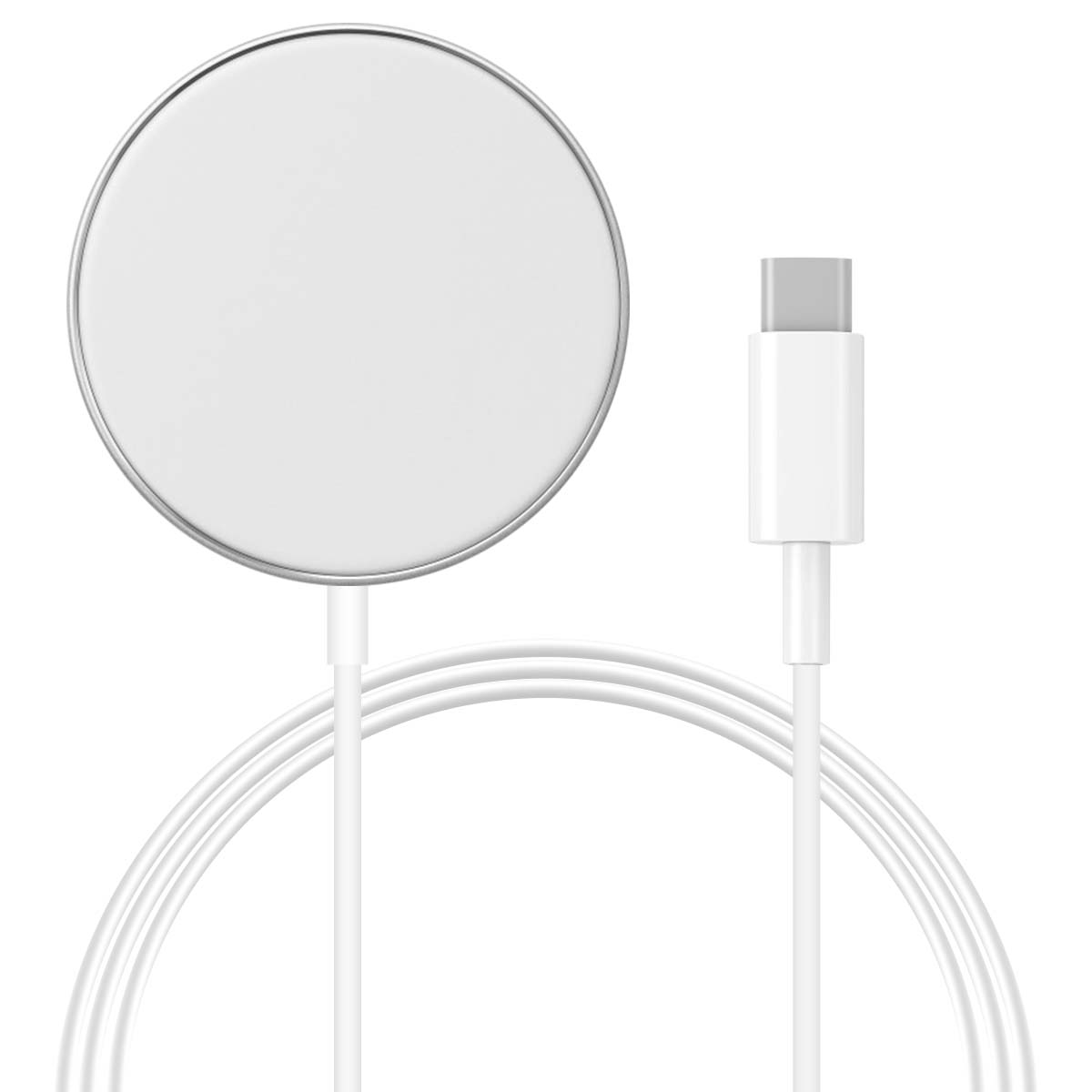 Ein weißes MagSafe-Ladegerät mit silbernem Rand und einem weißen USB-C-Kabel, isoliert auf weißem Hintergrund.