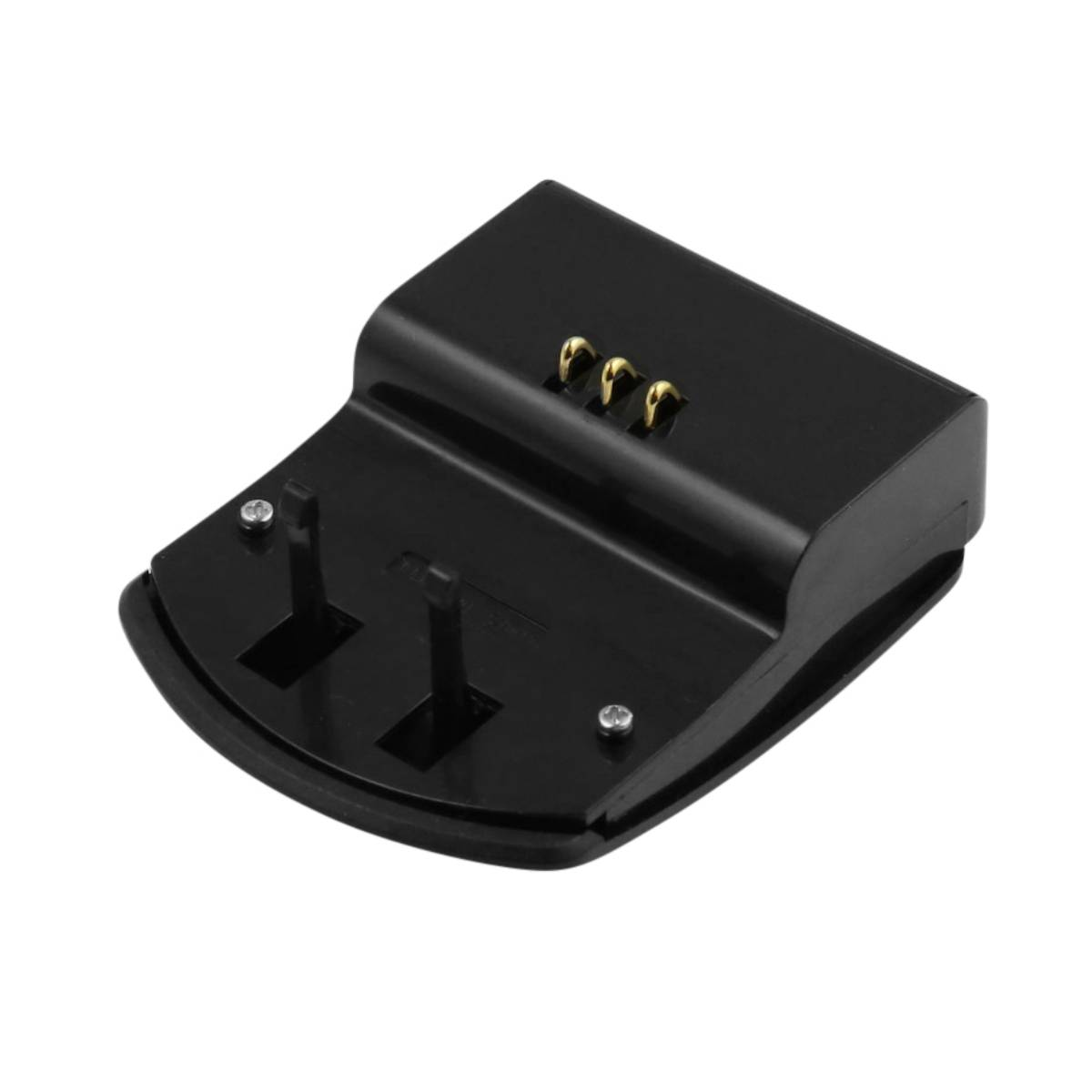 Una base di ricarica nera con perni di ricarica color oro. Ha due spine e una base curva, forse per uno smartwatch.
