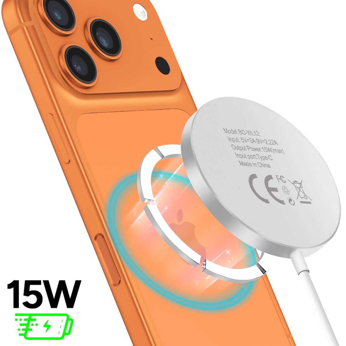 Orangefarbenes Telefon mit Ladegerät. Telefon hat Kameralinsen. Das Ladegerät ist weiß und kreisförmig mit Text. 15W-Stromsymbol unten.