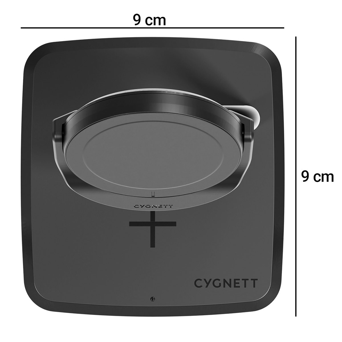 Un cargador inalámbrico negro con una plataforma de carga redonda y una base cuadrada. Tiene el logotipo de CYGNETT y un signo más.