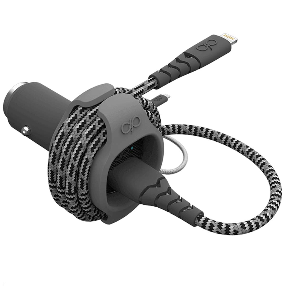 Ein grau-schwarzes Ladekabel ist um eine Halterung gewickelt. Ein Ende hat einen Lightning-Anschluss, das andere einen Autolader.