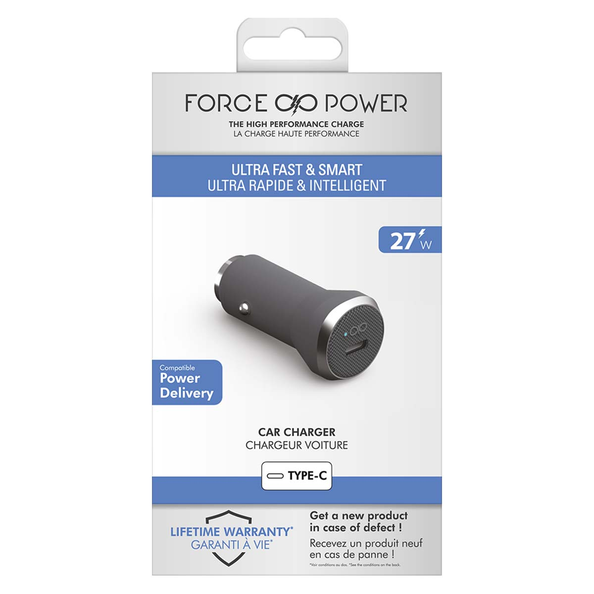 Autoladegerät-Verpackung mit grauem Ladegerät. Text enthält 'FORCE POWER', 'ULTRA FAST & SMART', 'CAR CHARGER' und 'LIFETIME WARRANTY'.