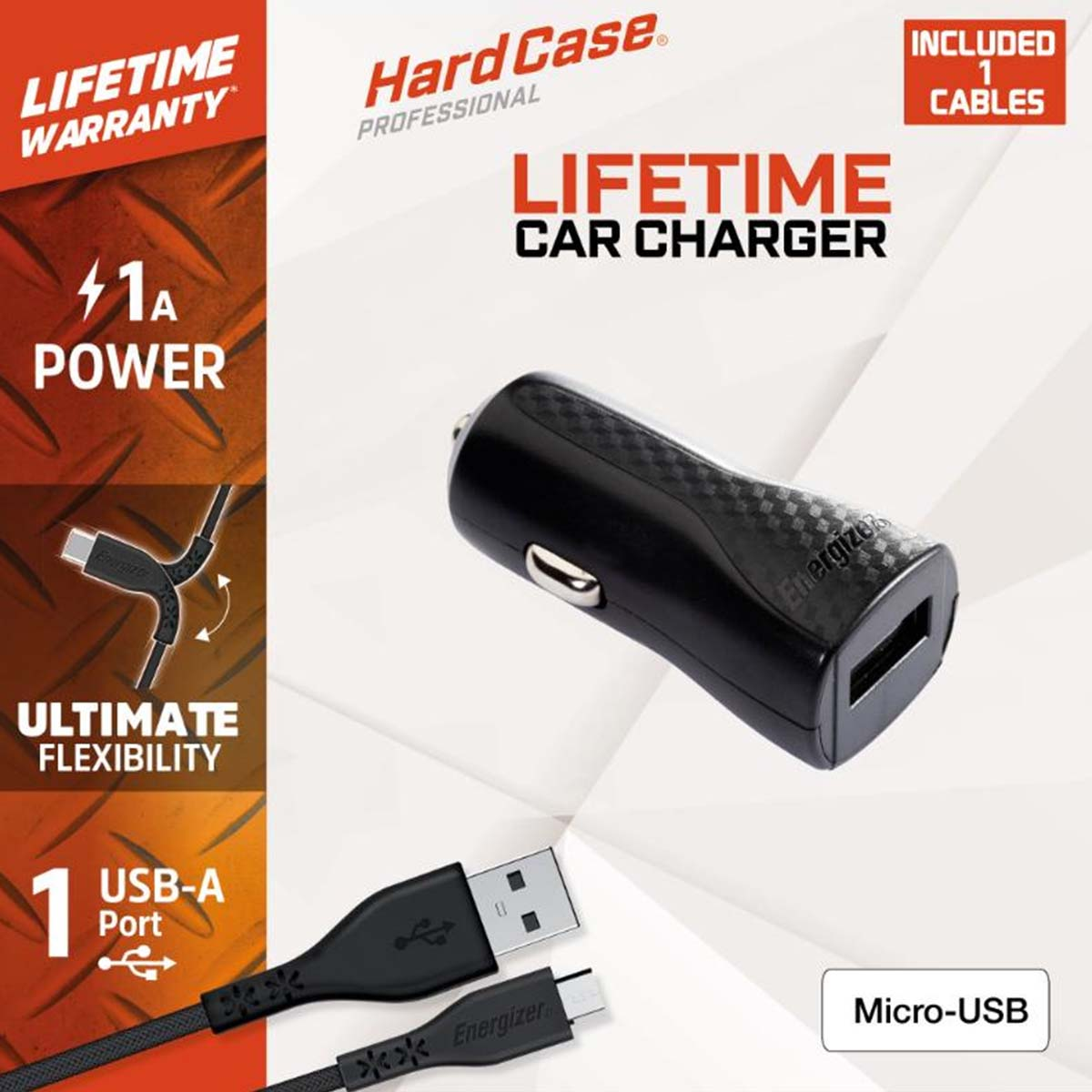 Un caricabatterie per auto nero con porta USB-A e Micro-USB, etichettato Energizer. Il testo include Lifetime Warranty e 1A Power.