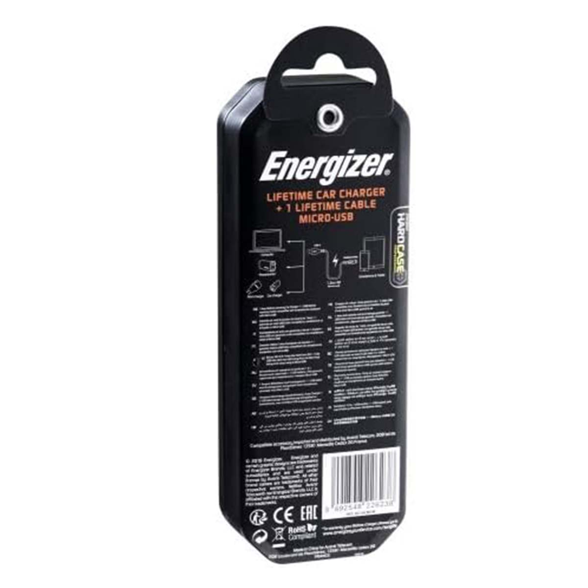 Confezione nera del caricabatterie per auto Energizer. Ha una maniglia e testo in bianco. Include un caricabatterie per auto a vita e cavo micro-USB.